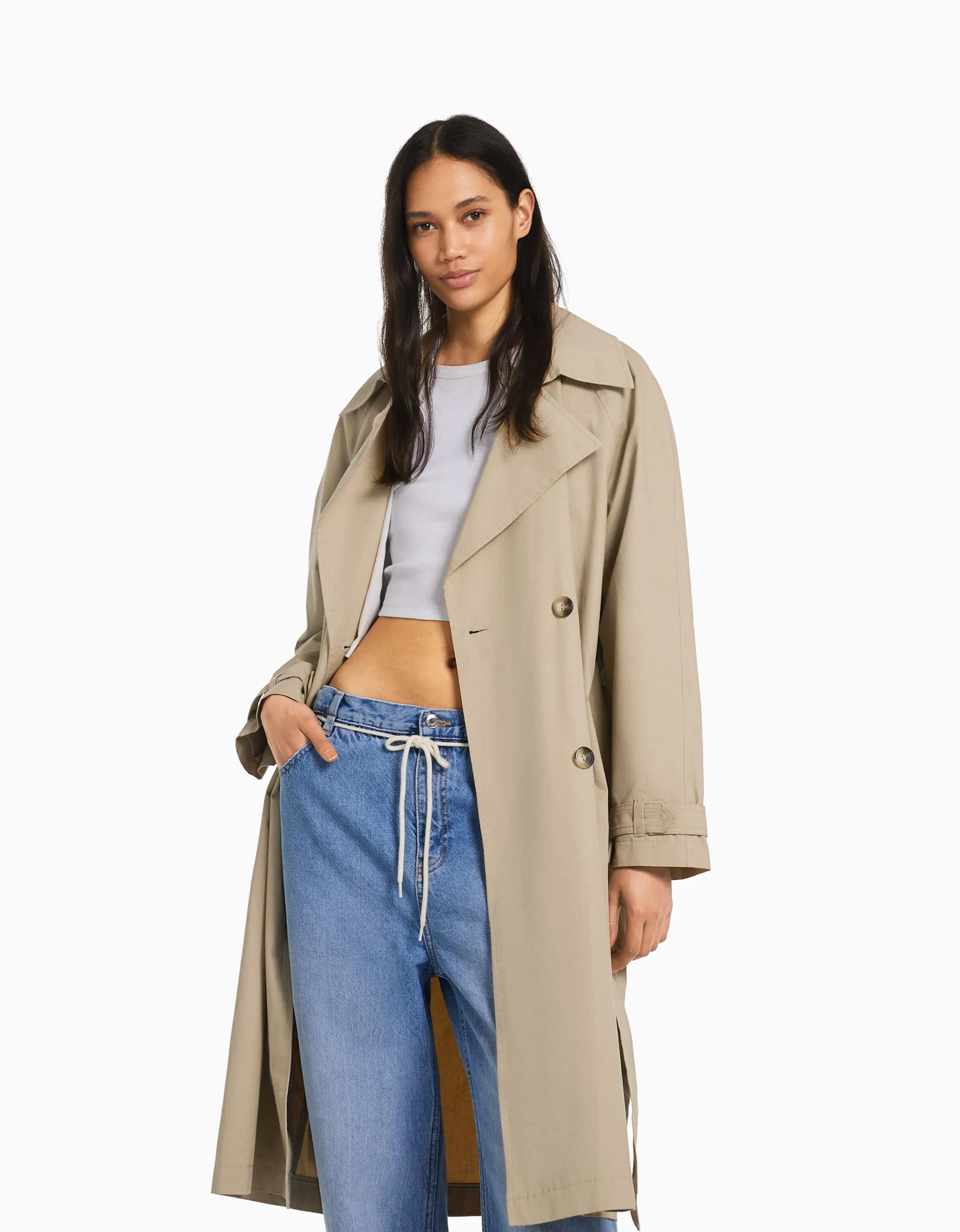 BERSHKA Abrigo trench algodón Camel Hot