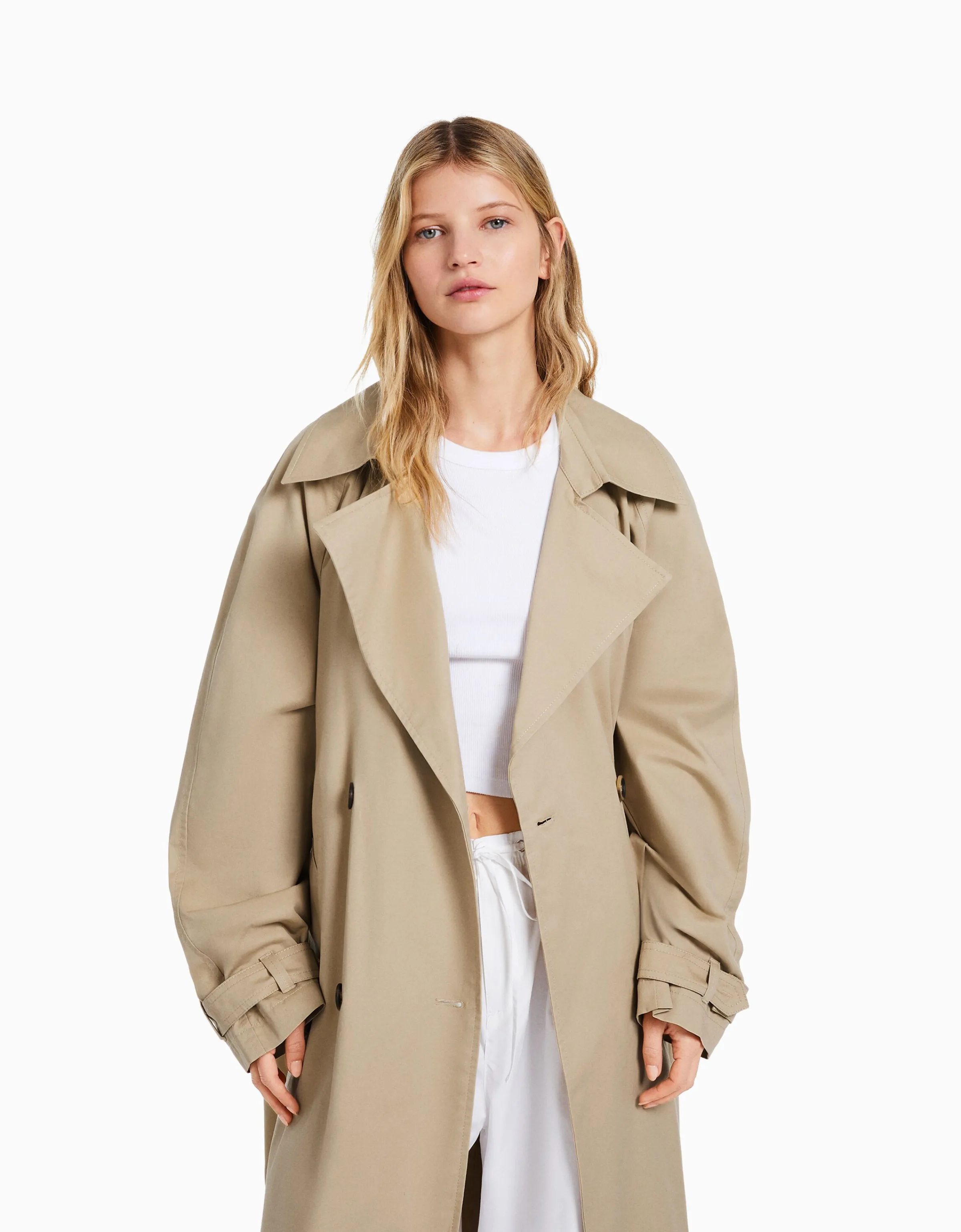 BERSHKA Abrigo trench algodón Camel Cheap