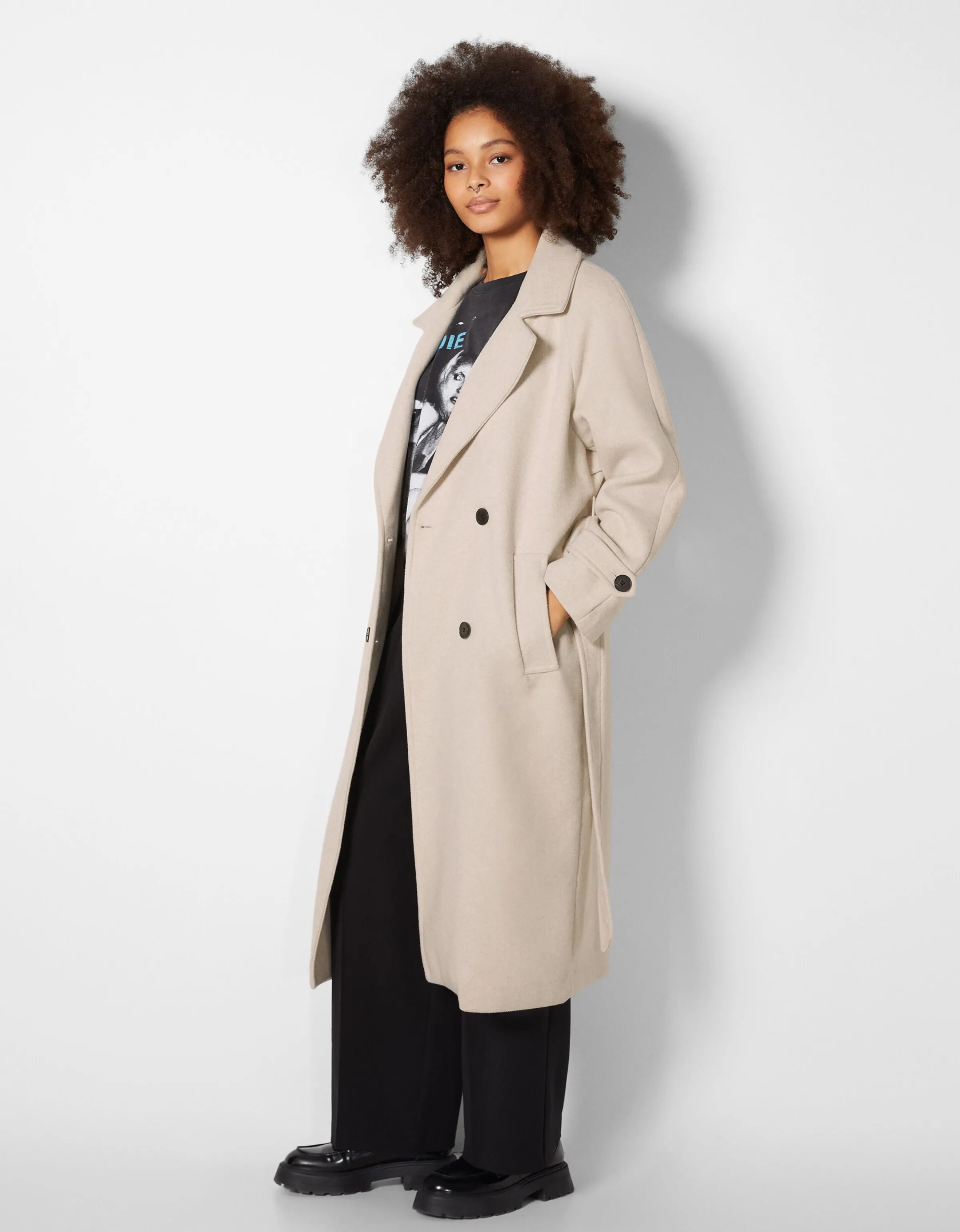 BERSHKA Abrigo trench lana Crudo Best Sale