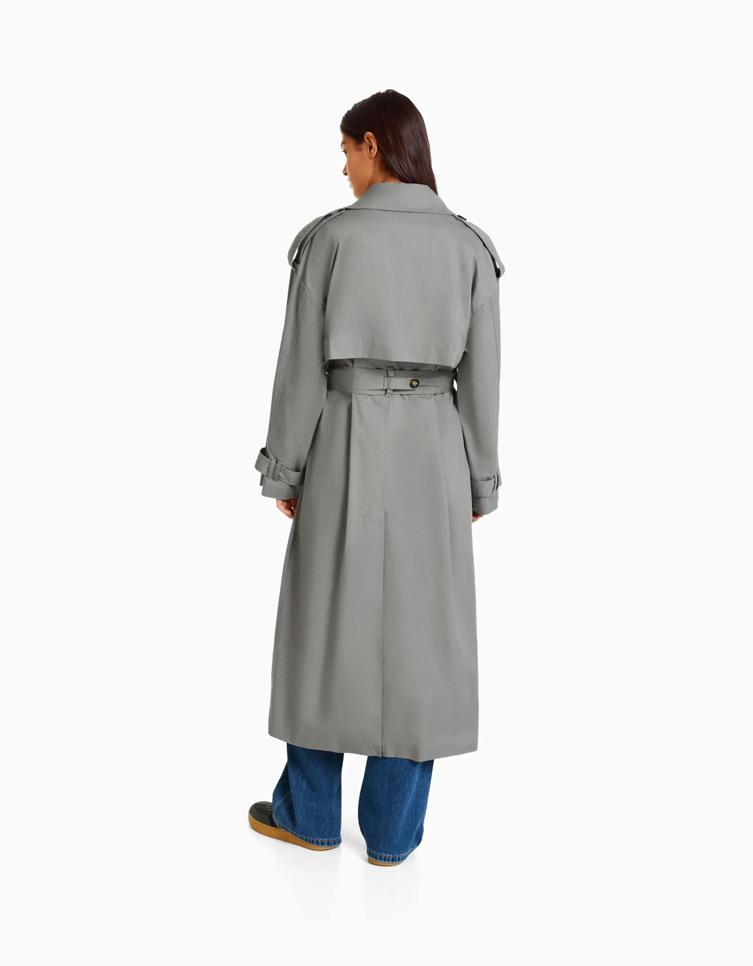 BERSHKA Abrigo trench oversize algodón Gris Clearance