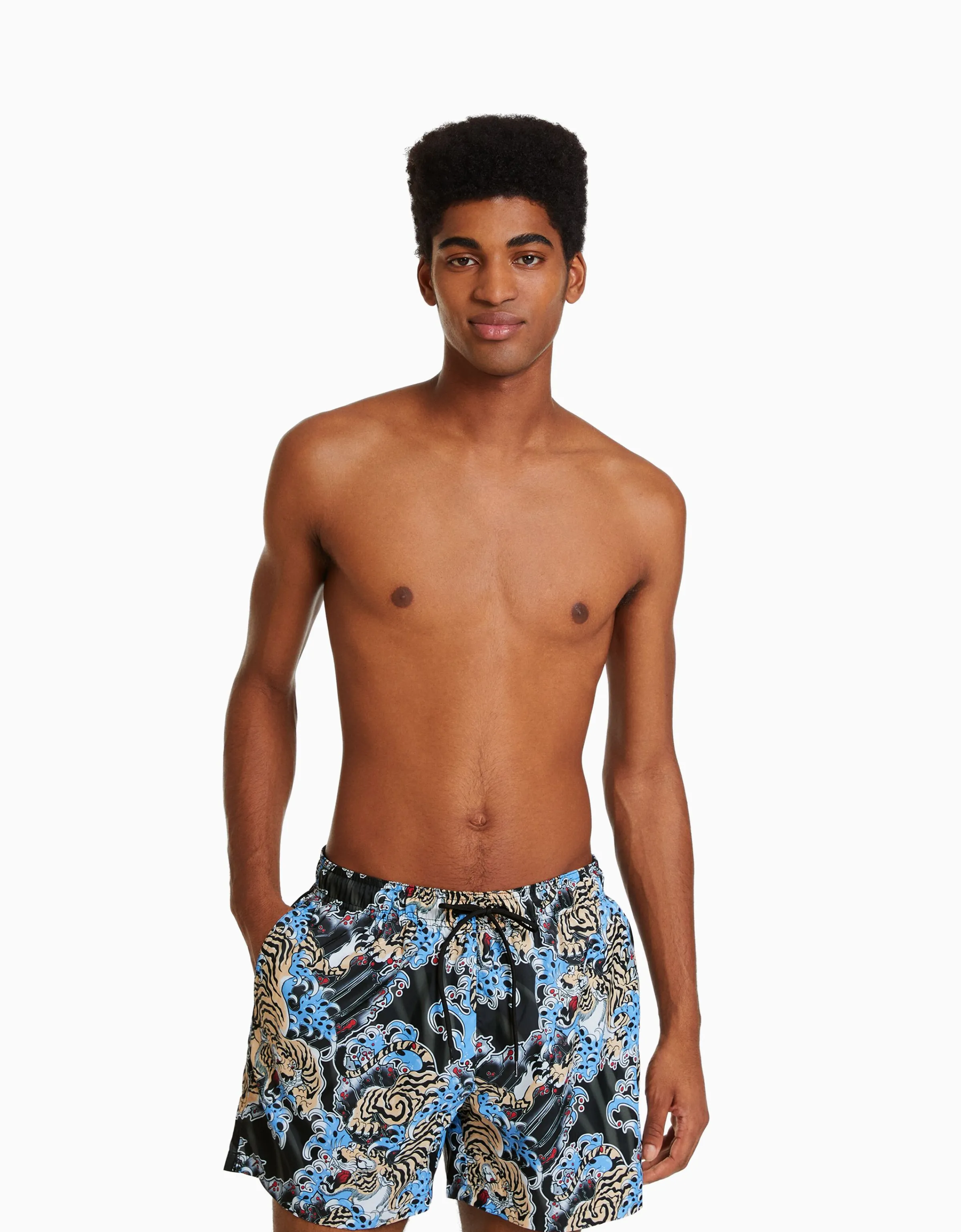 BERSHKA Bañador print tigre Negro New