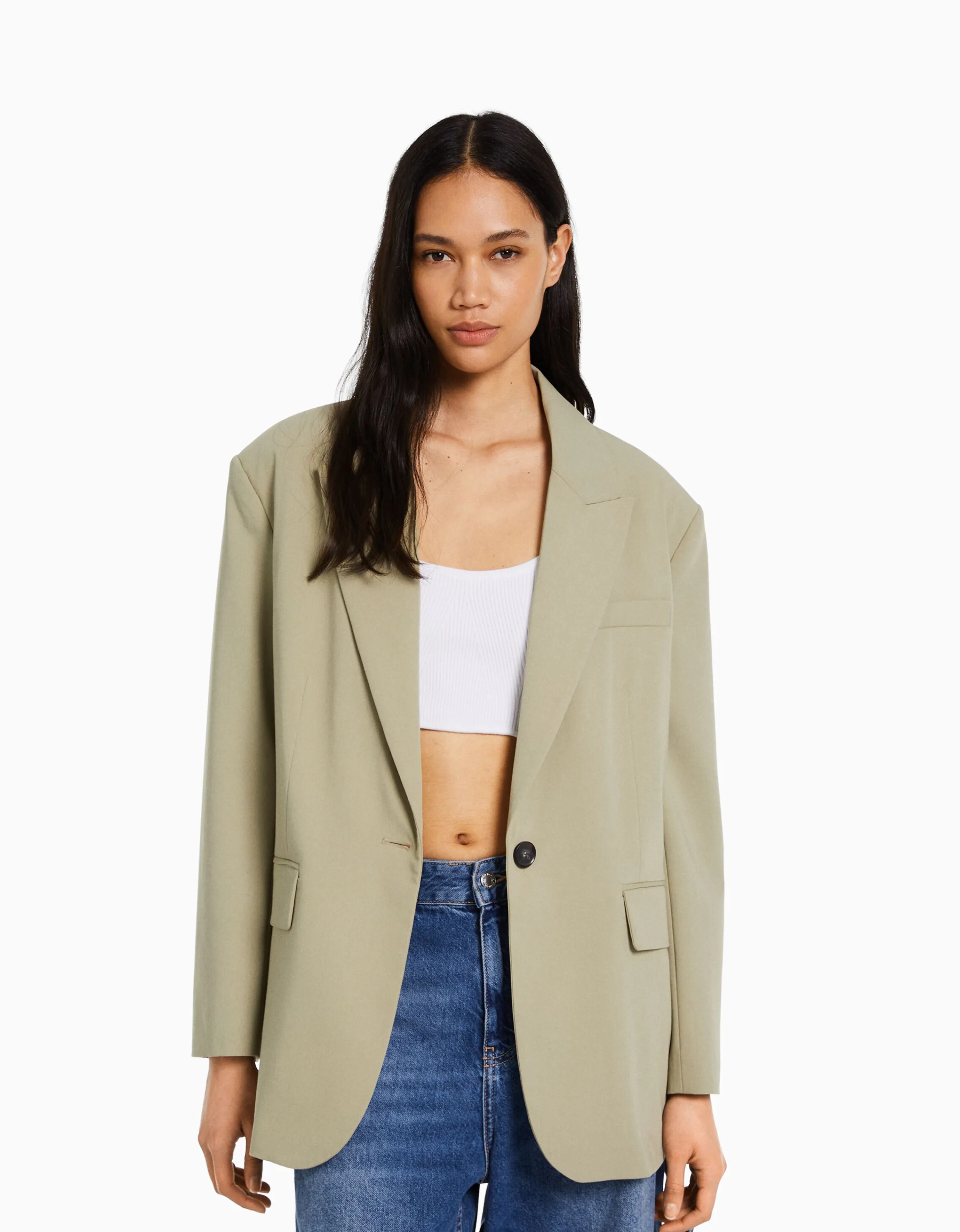 BERSHKA Blazer tailoring oversize corte masculino Kaki Clearance