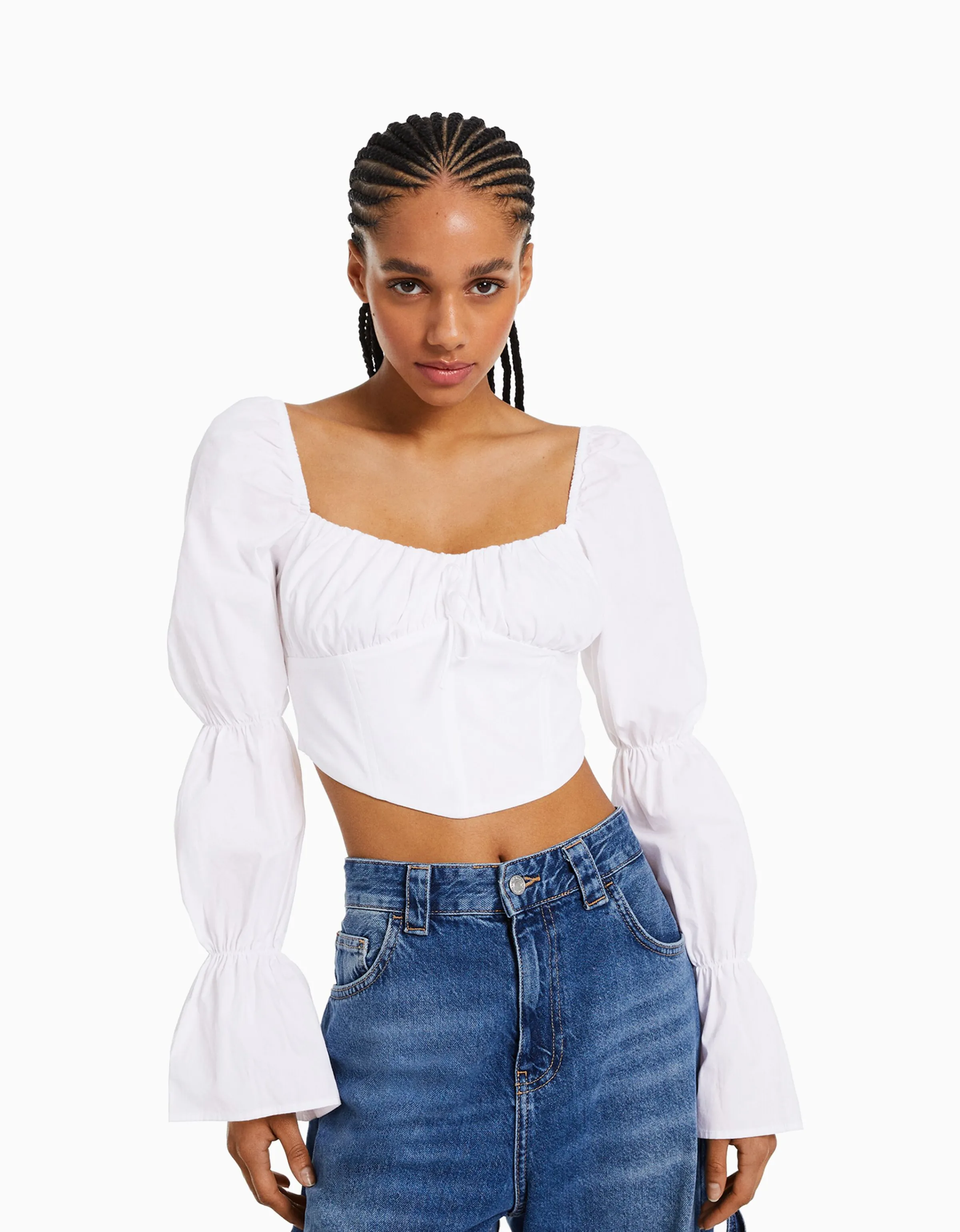 BERSHKA Blusa corsé cropped manga larga Multicolor Outlet