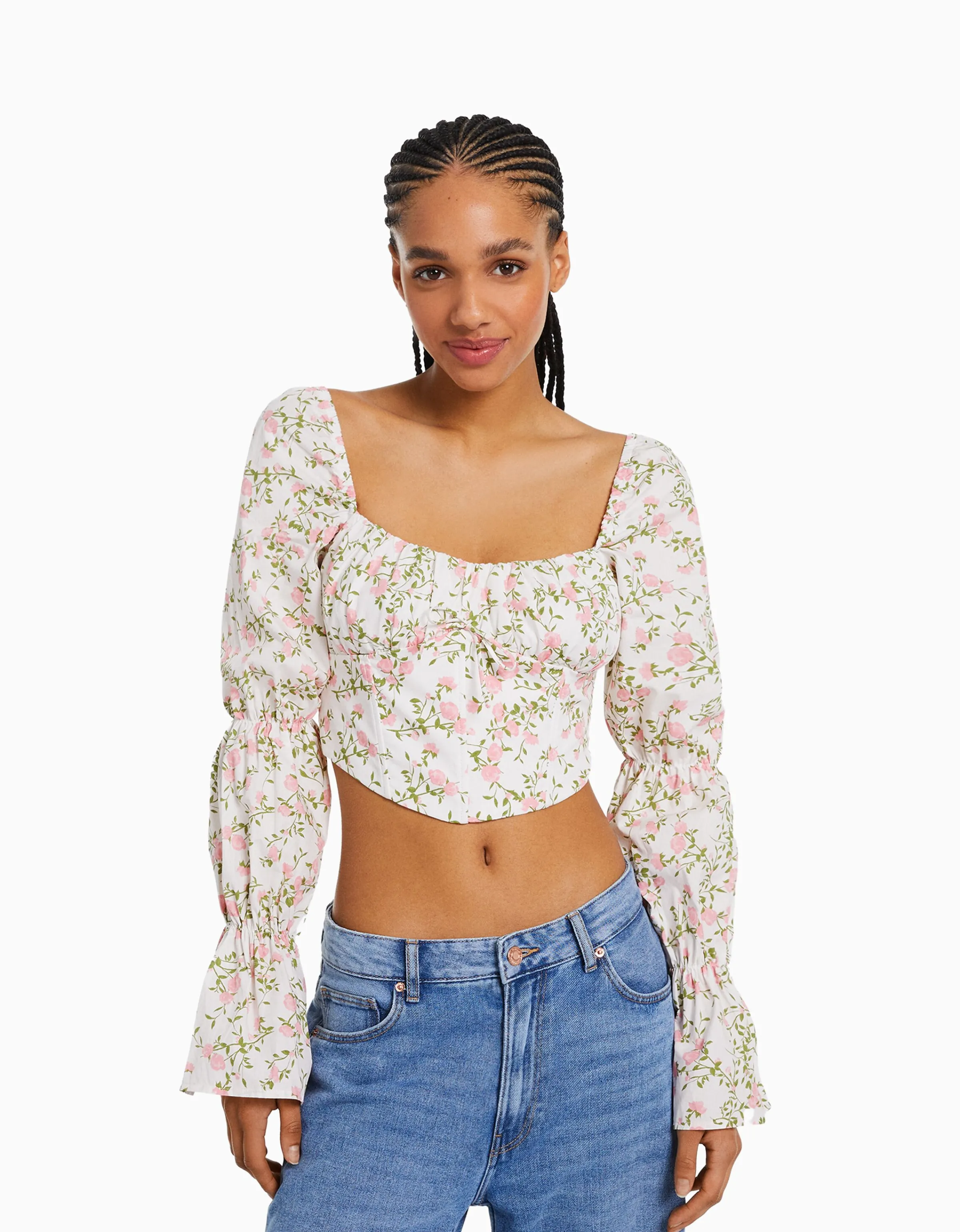 BERSHKA Blusa corsé cropped manga larga Multicolor Hot