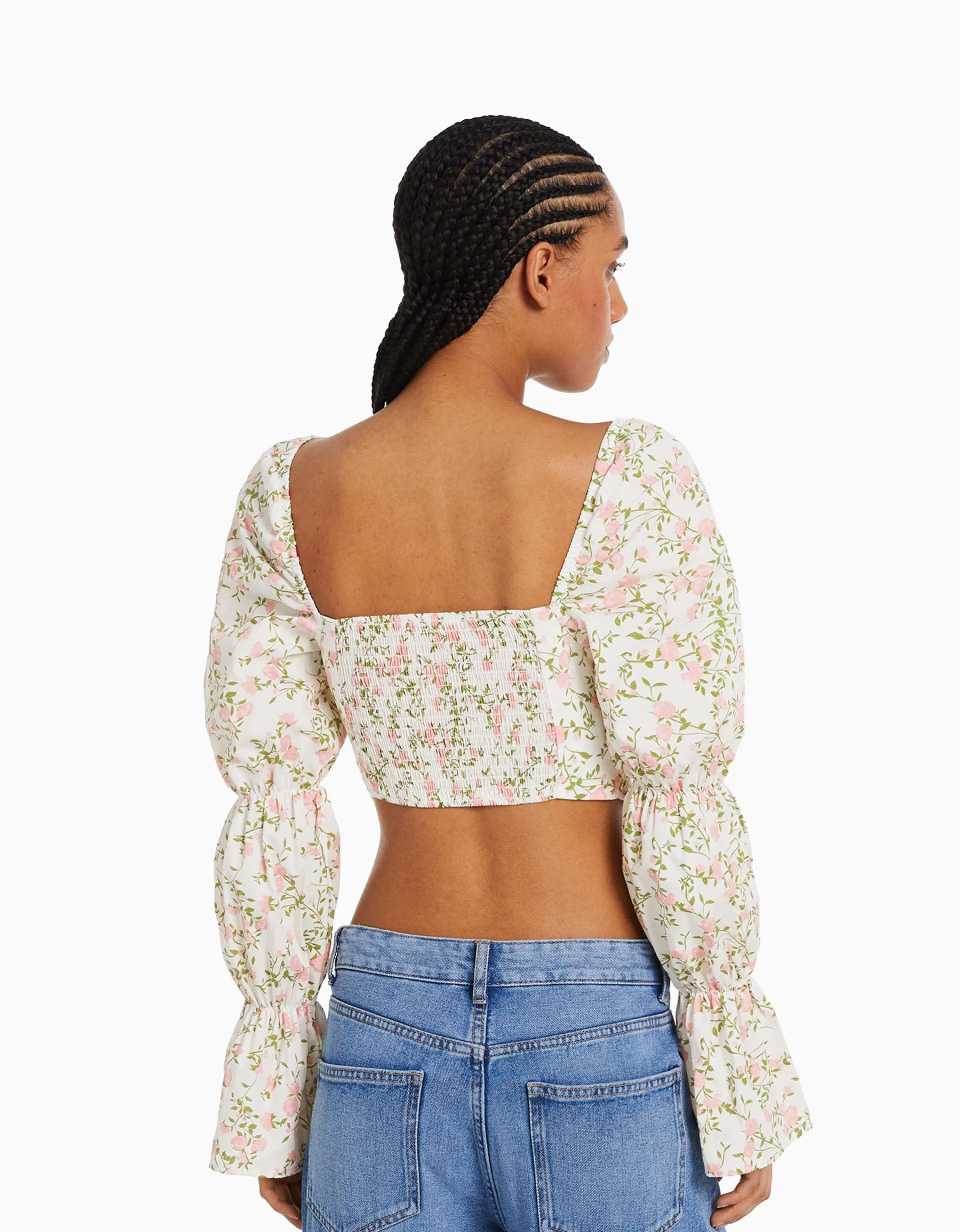 BERSHKA Blusa corsé cropped manga larga Multicolor Hot