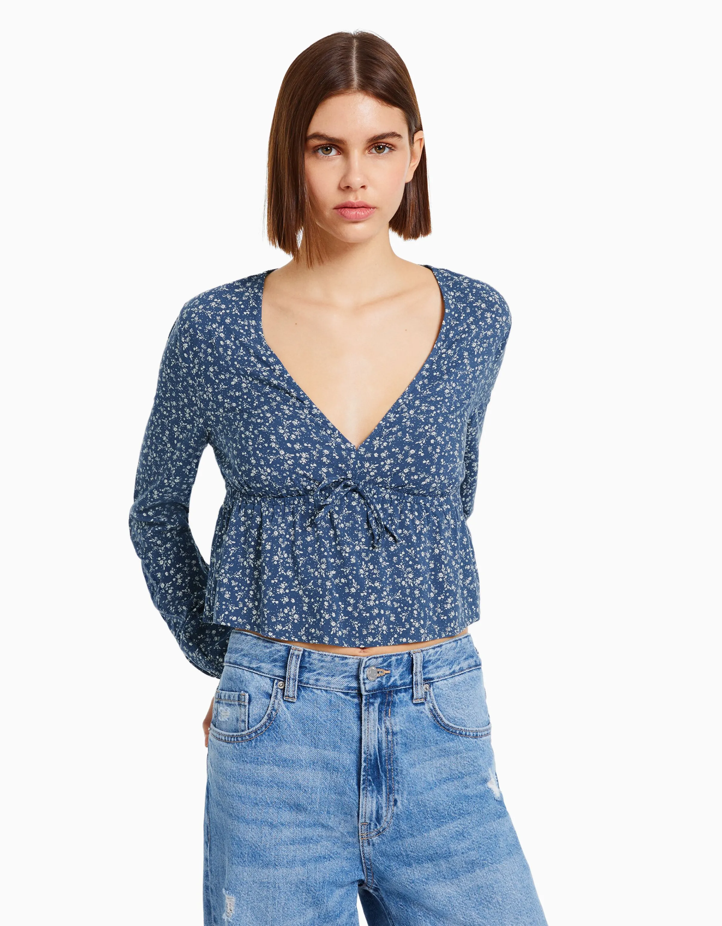 BERSHKA Blusa manga larga print flores lazada Marino Sale