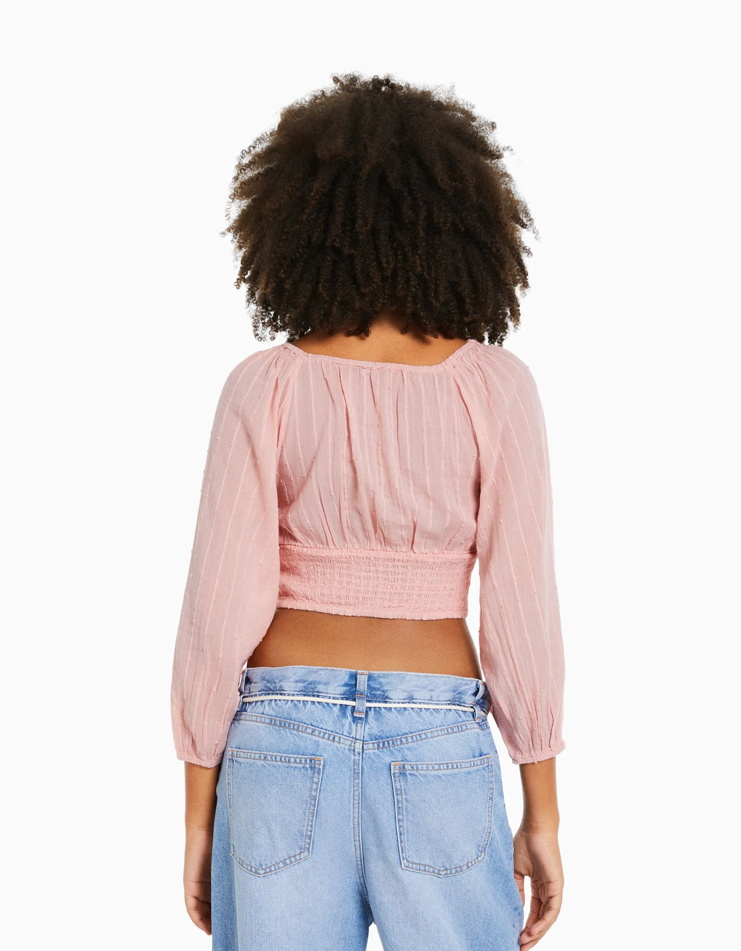 BERSHKA Blusa manga larga volumen cuello pico Blanco roto Sale