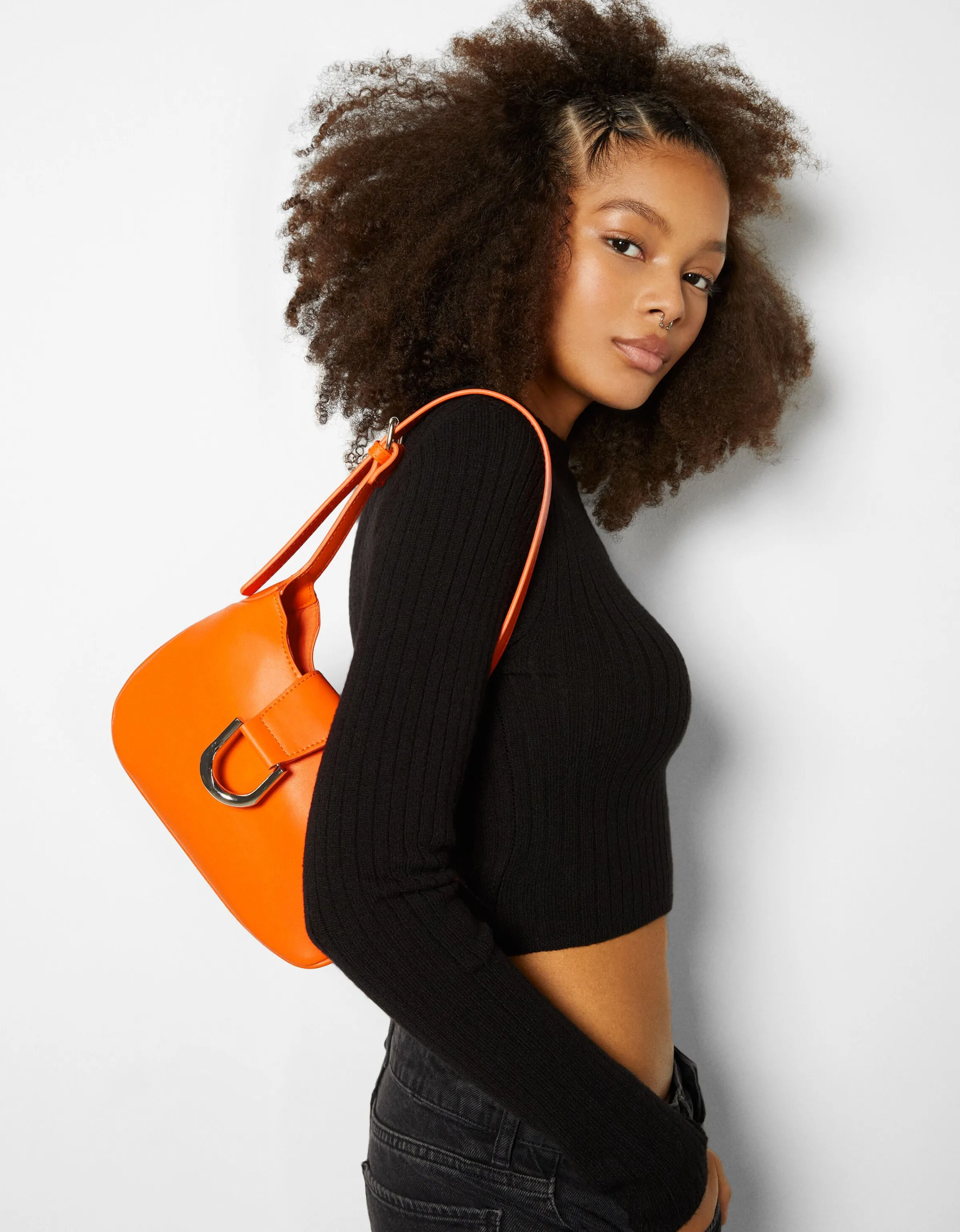 BERSHKA Bolso hombro hebilla efecto plata Naranja Best Sale