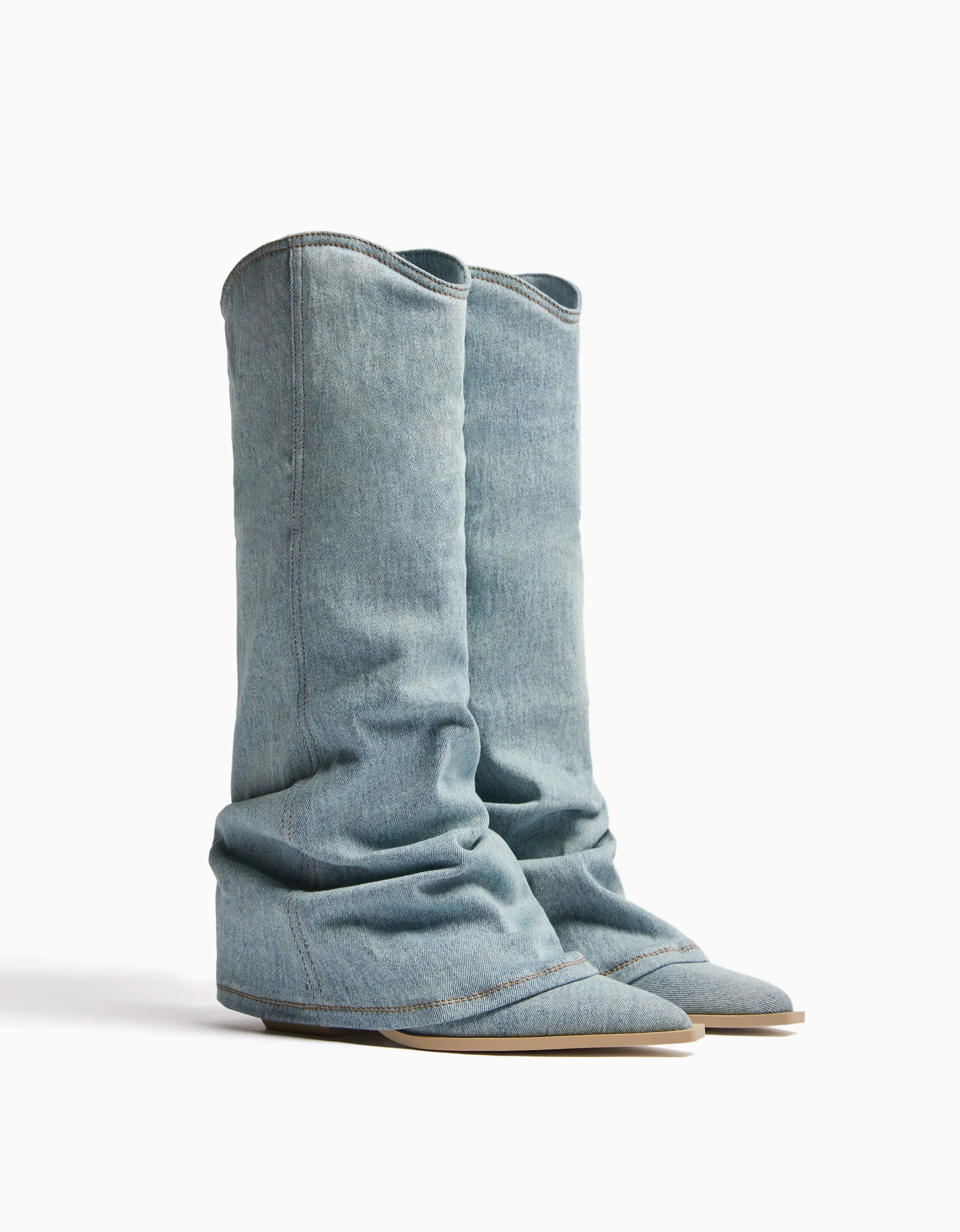 BERSHKA Botas tacón cowboy denim Azul lavado Cheap