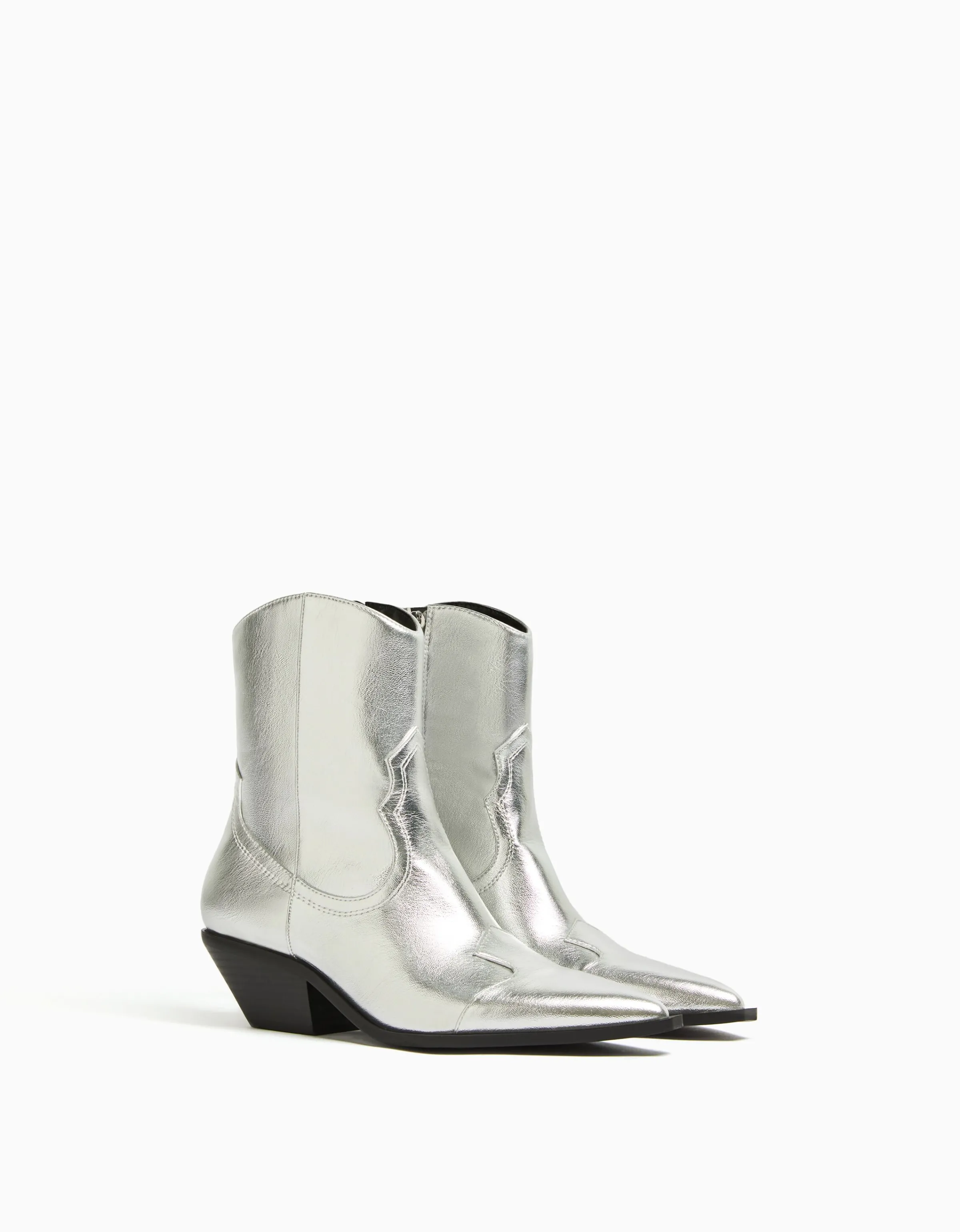 BERSHKA Botines tacón cowboy Plata Clearance