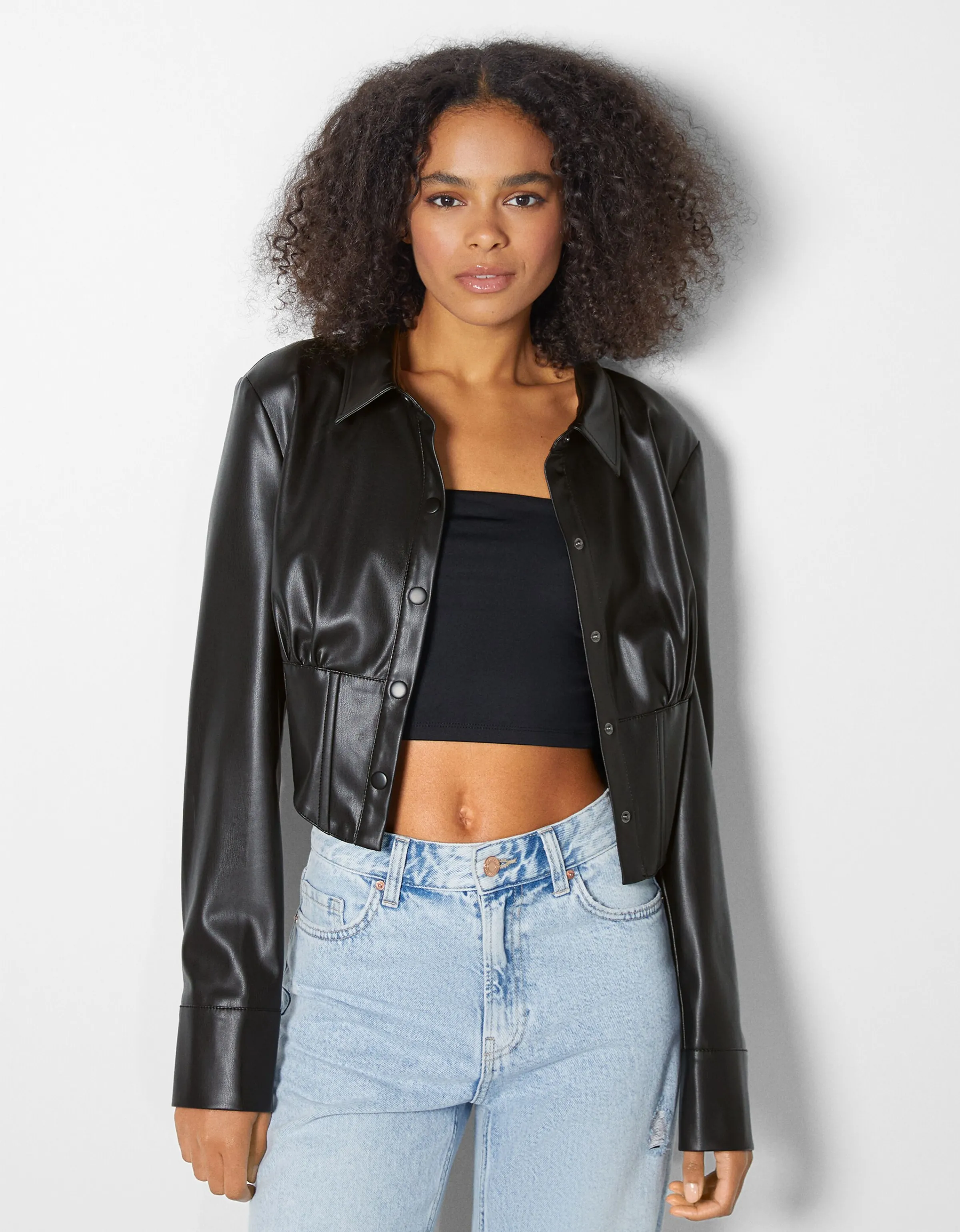 BERSHKA Camisa corsé efecto piel Negro Flash Sale