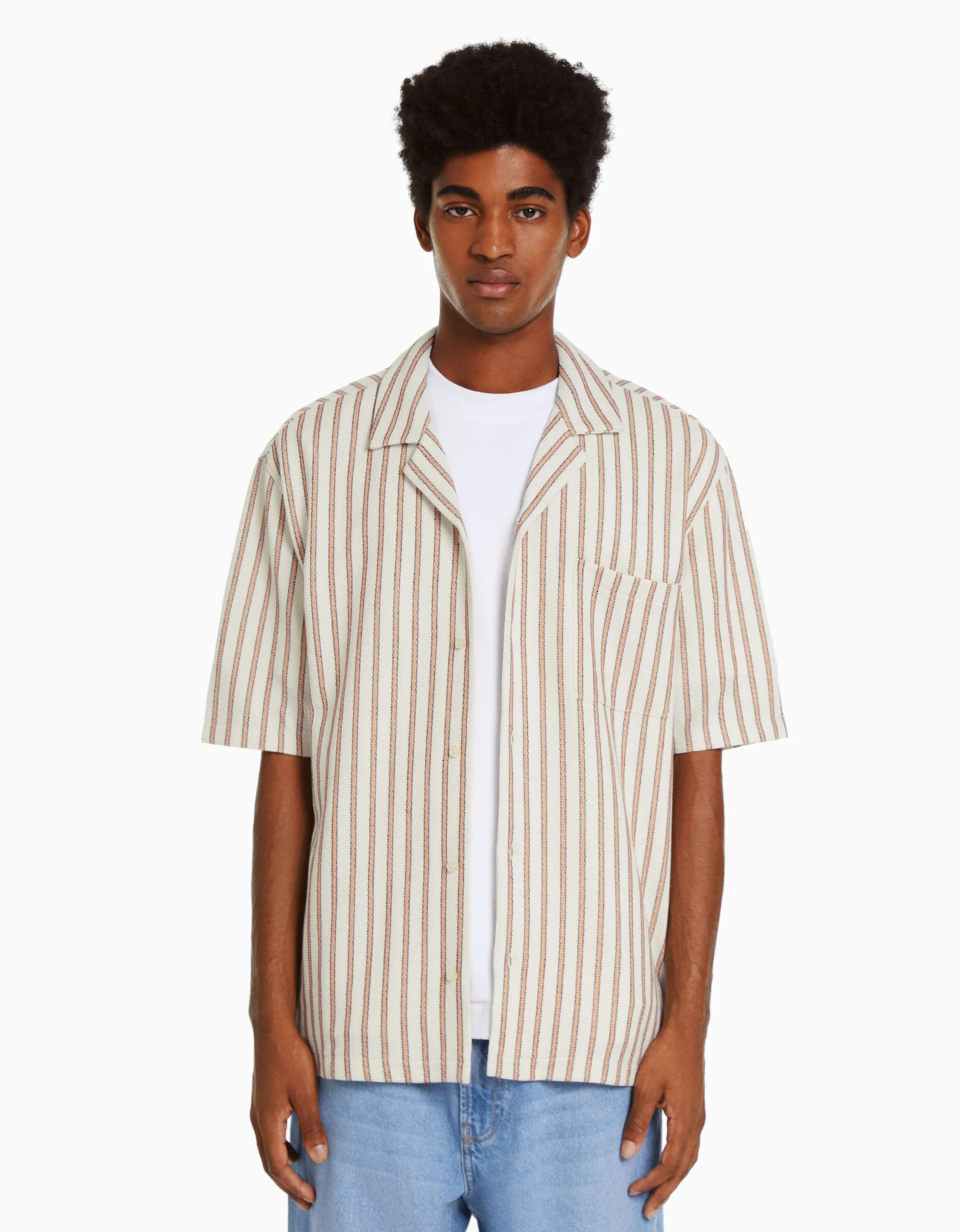 BERSHKA Camisa manga corta rústica rayas Blanco / Negro Outlet