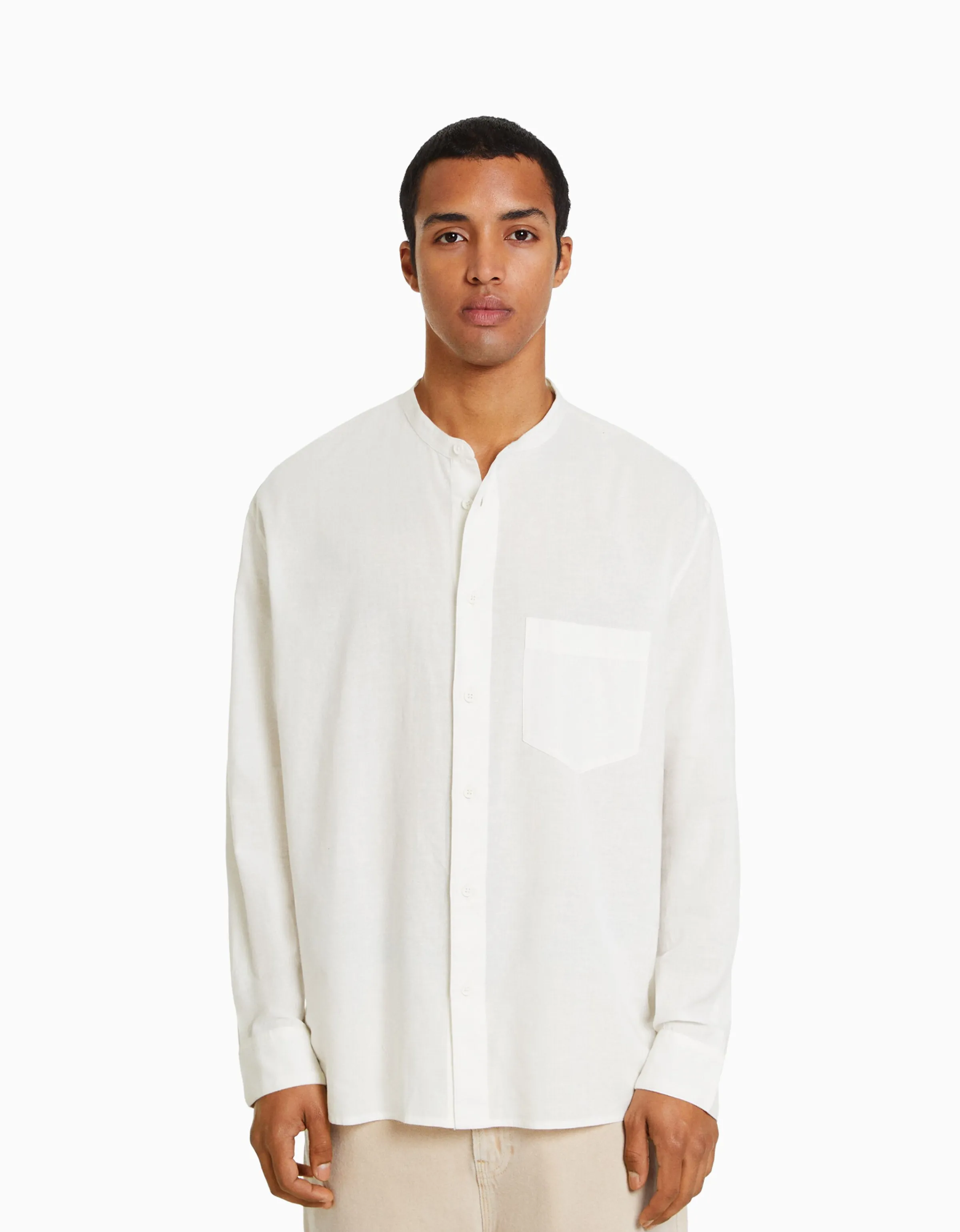 BERSHKA Camisa manga larga con lino Blanco Sale