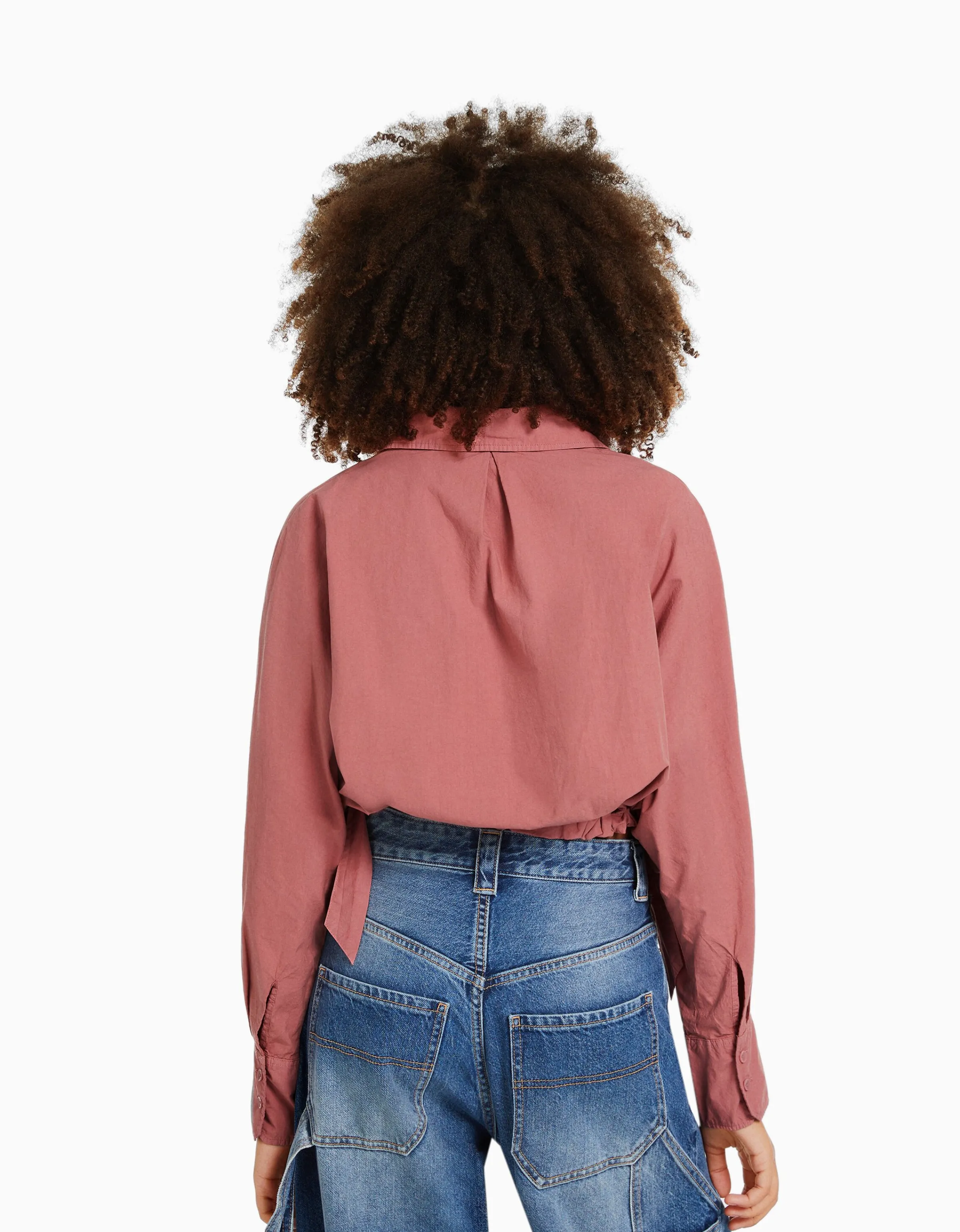 BERSHKA Camisa manga larga cropped detalle tiras Rosa Store