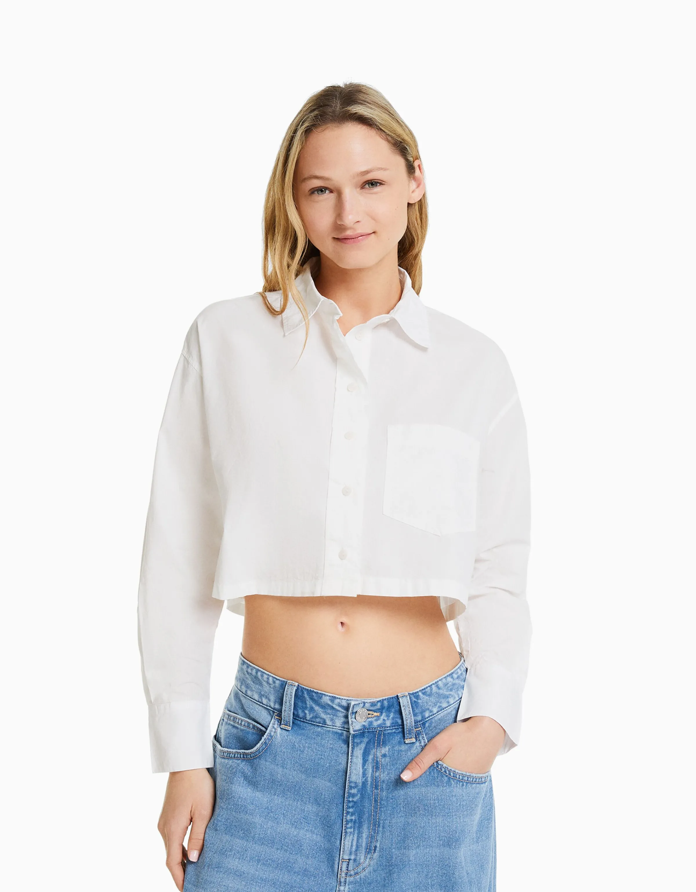 BERSHKA Camisa manga larga cropped popelín Blanco Sale