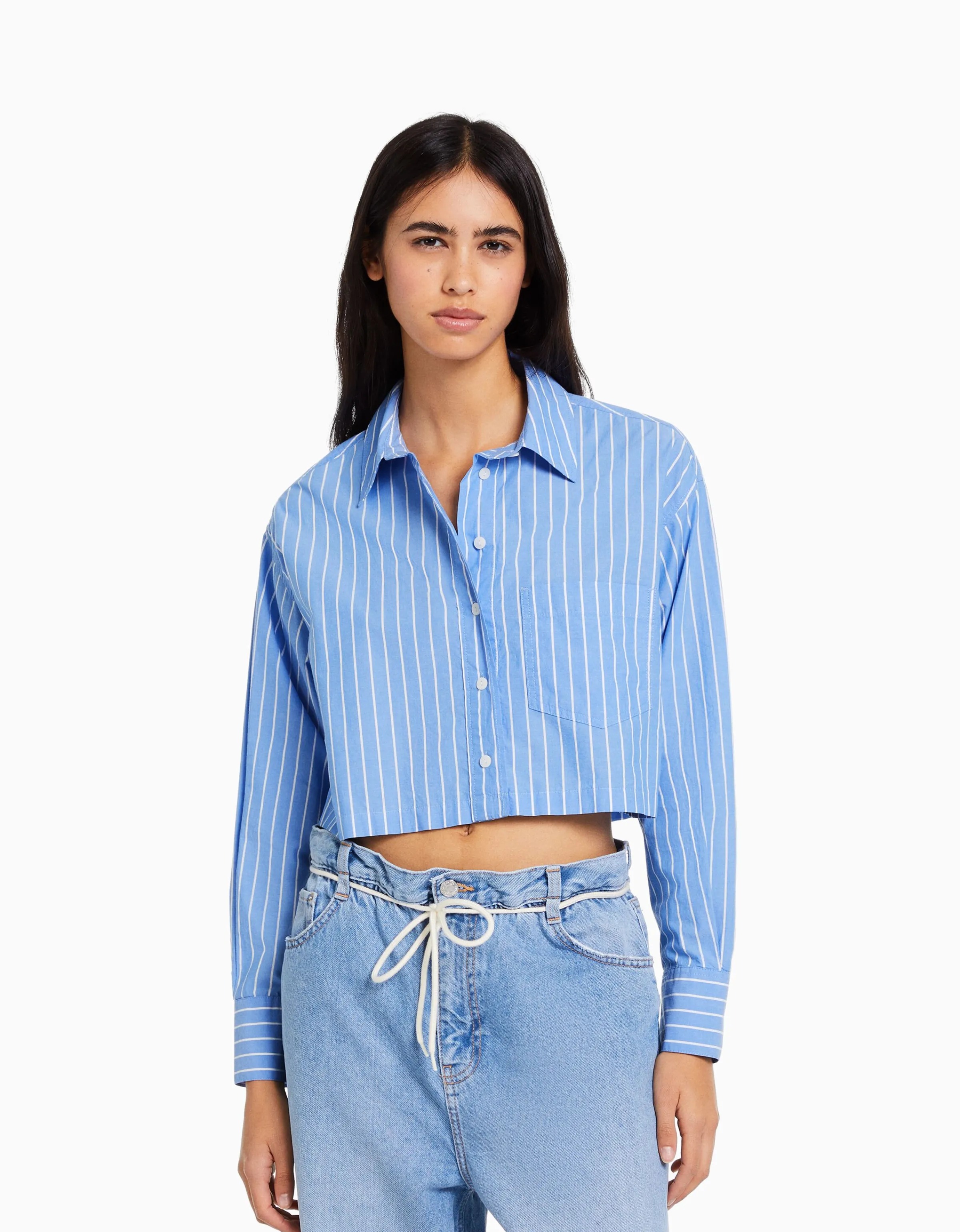 BERSHKA Camisa manga larga cropped popelín Blanco Shop