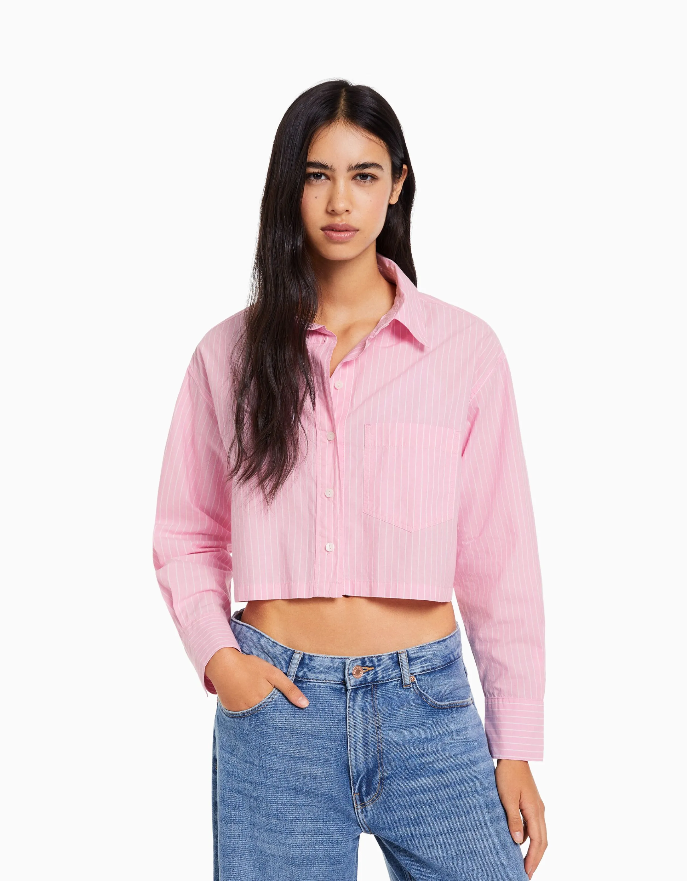 BERSHKA Camisa manga larga cropped popelín Blanco Shop