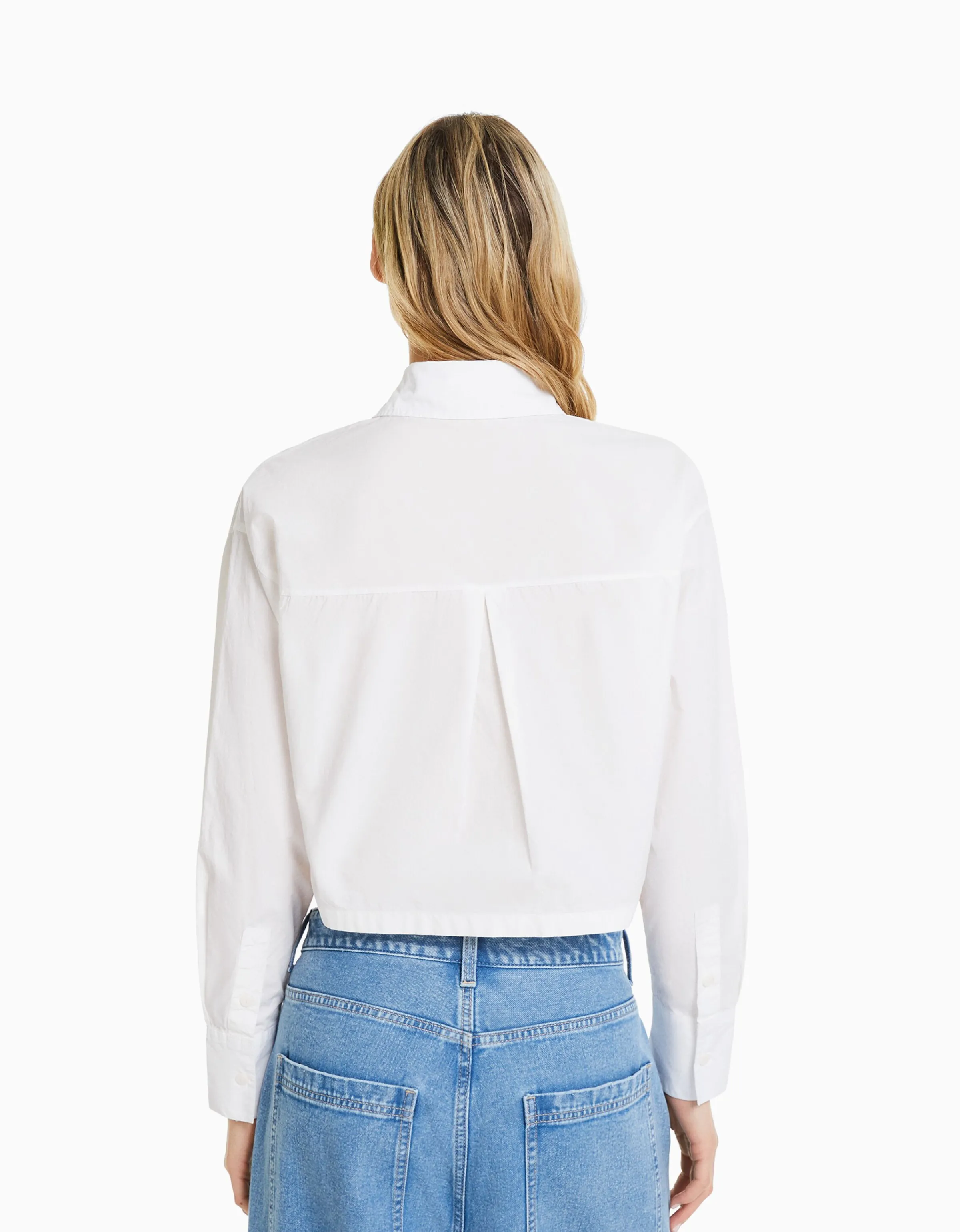 BERSHKA Camisa manga larga cropped popelín Blanco Sale