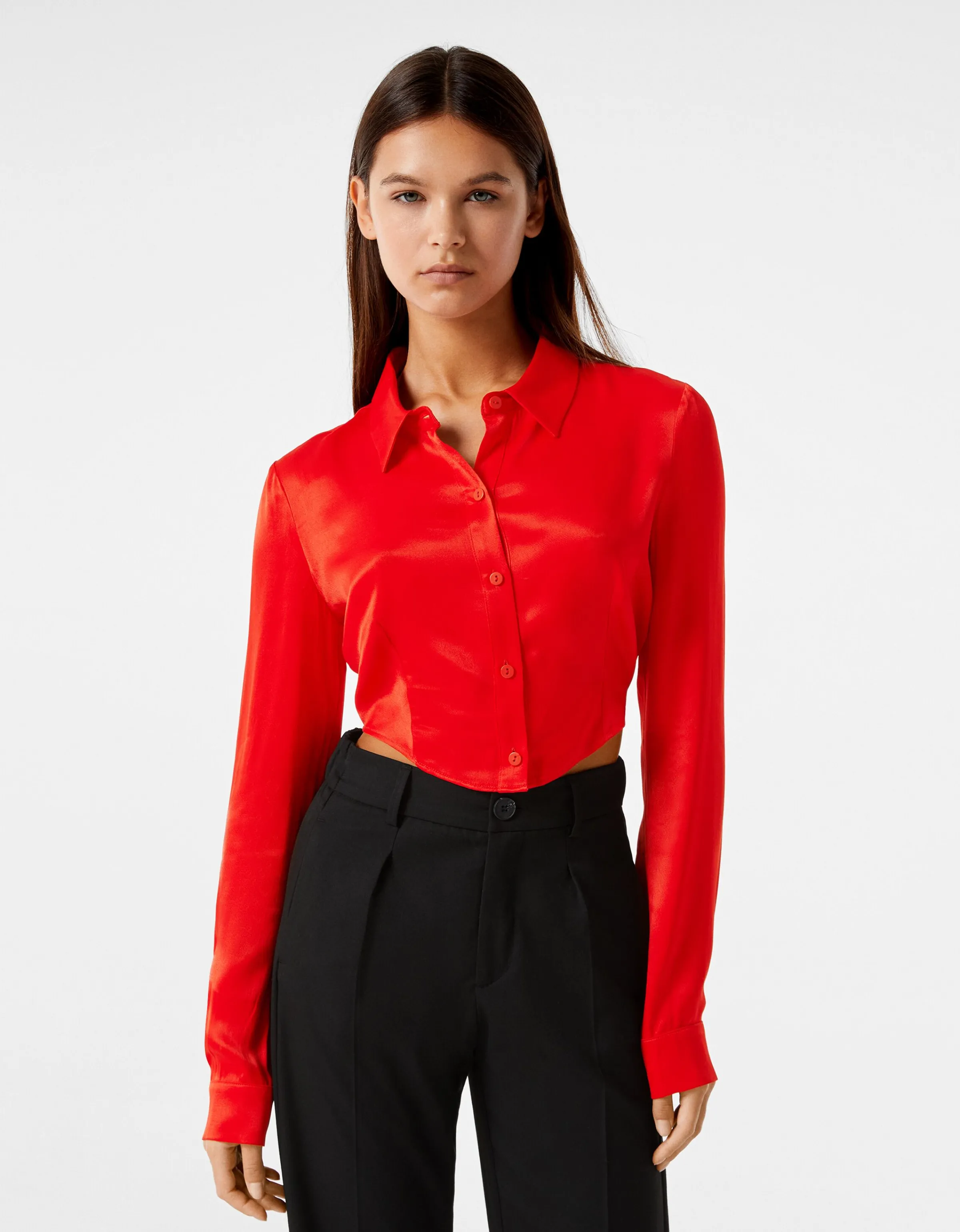 BERSHKA Camisa manga larga cropped satinada ajustada Rojo Best Sale