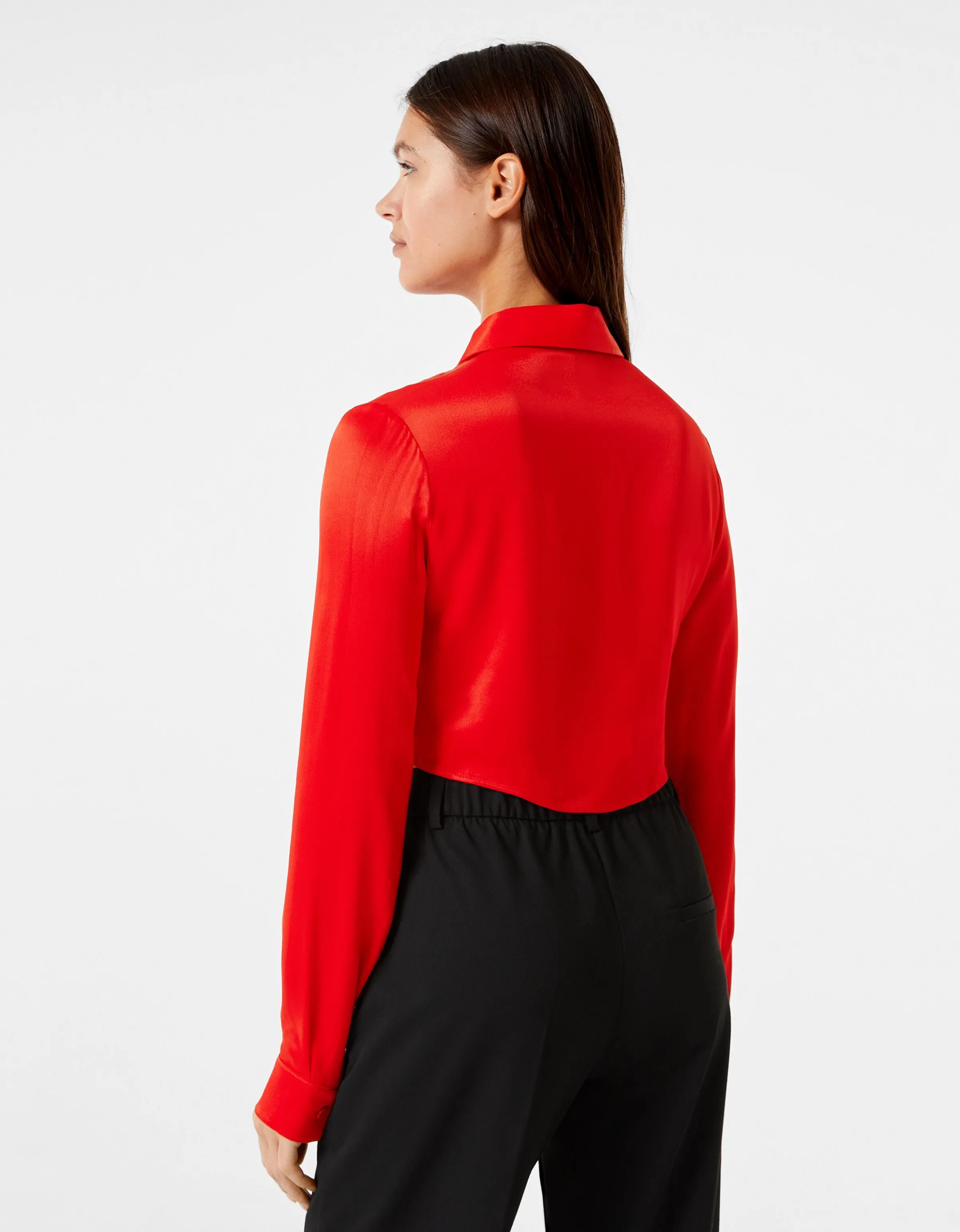 BERSHKA Camisa manga larga cropped satinada ajustada Rojo Best Sale