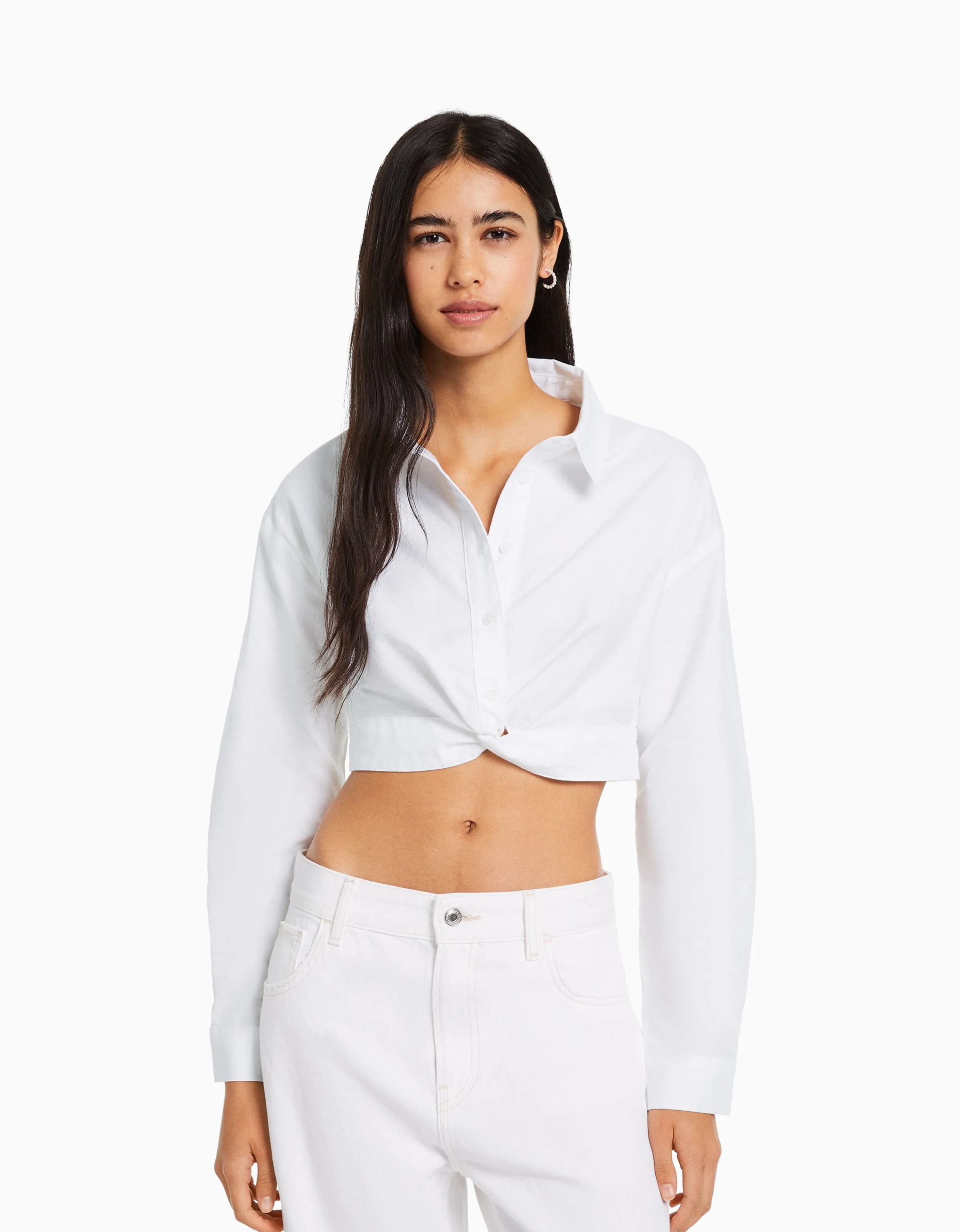 BERSHKA Camisa manga larga detalle cruce delantero Blanco Fashion