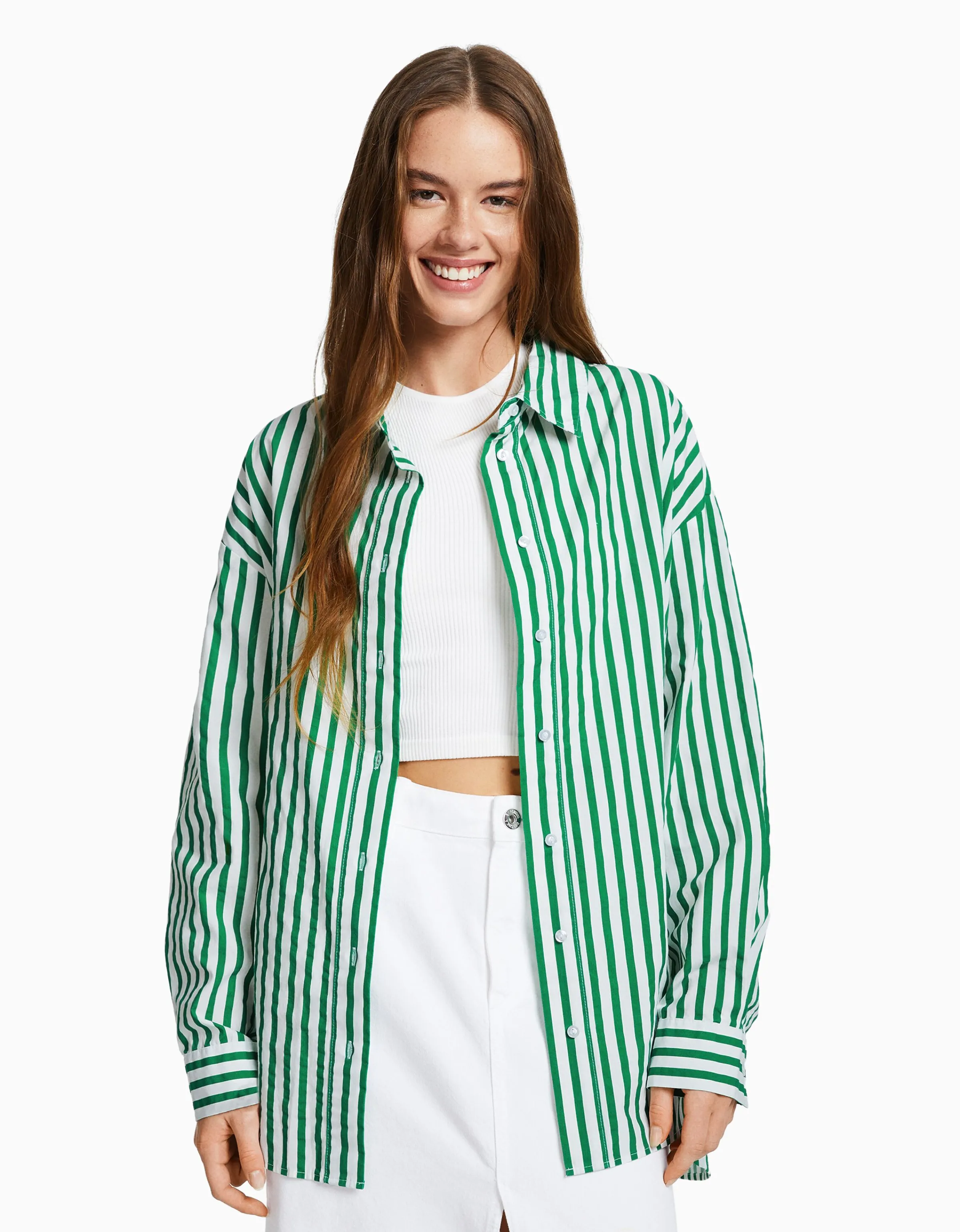 BERSHKA Camisa manga larga oversize popelín Verde Cheap