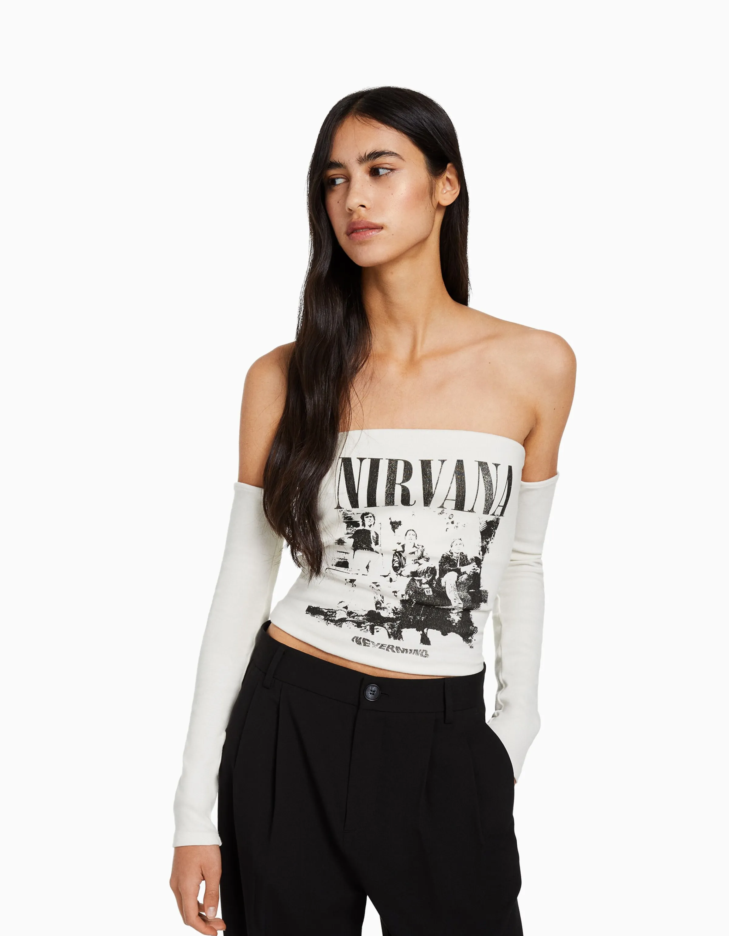 BERSHKA Camiseta bandeau manga larga print Nirvana Blanco Discount