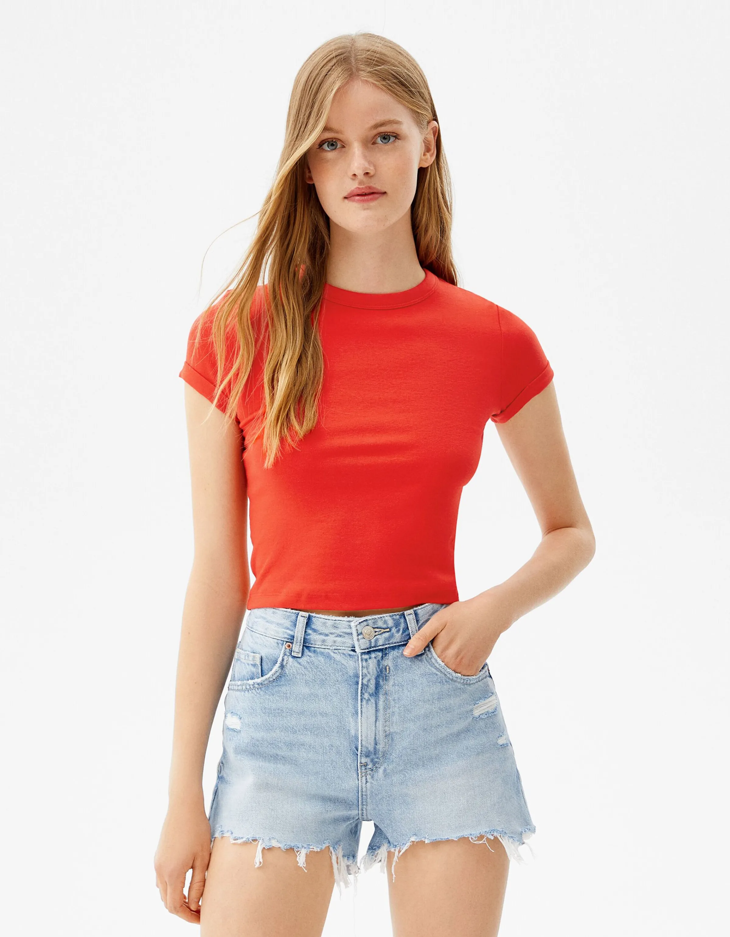 BERSHKA Camiseta manga corta ajustada Rojo Best