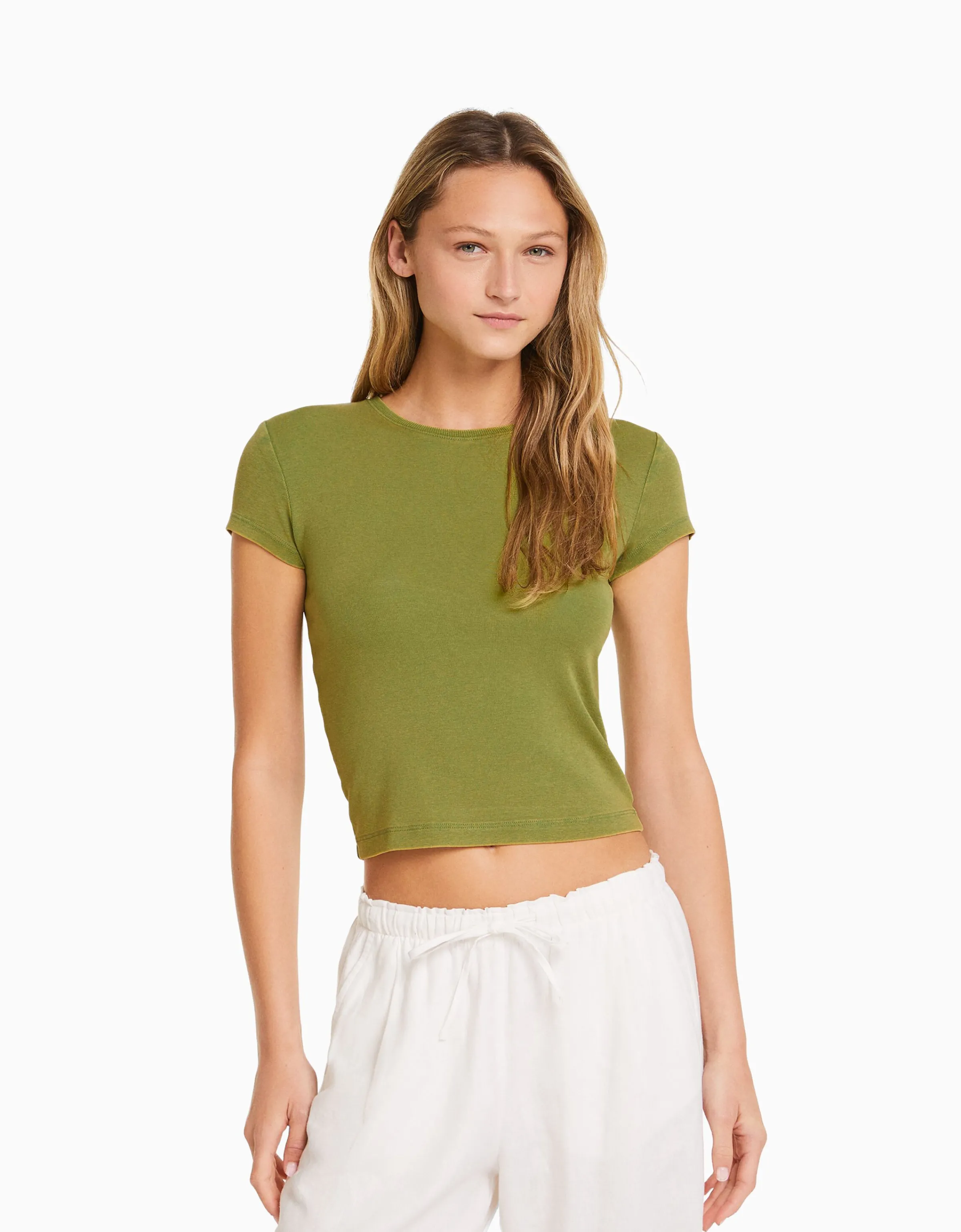 BERSHKA Camiseta manga corta ajustada Verde Sale