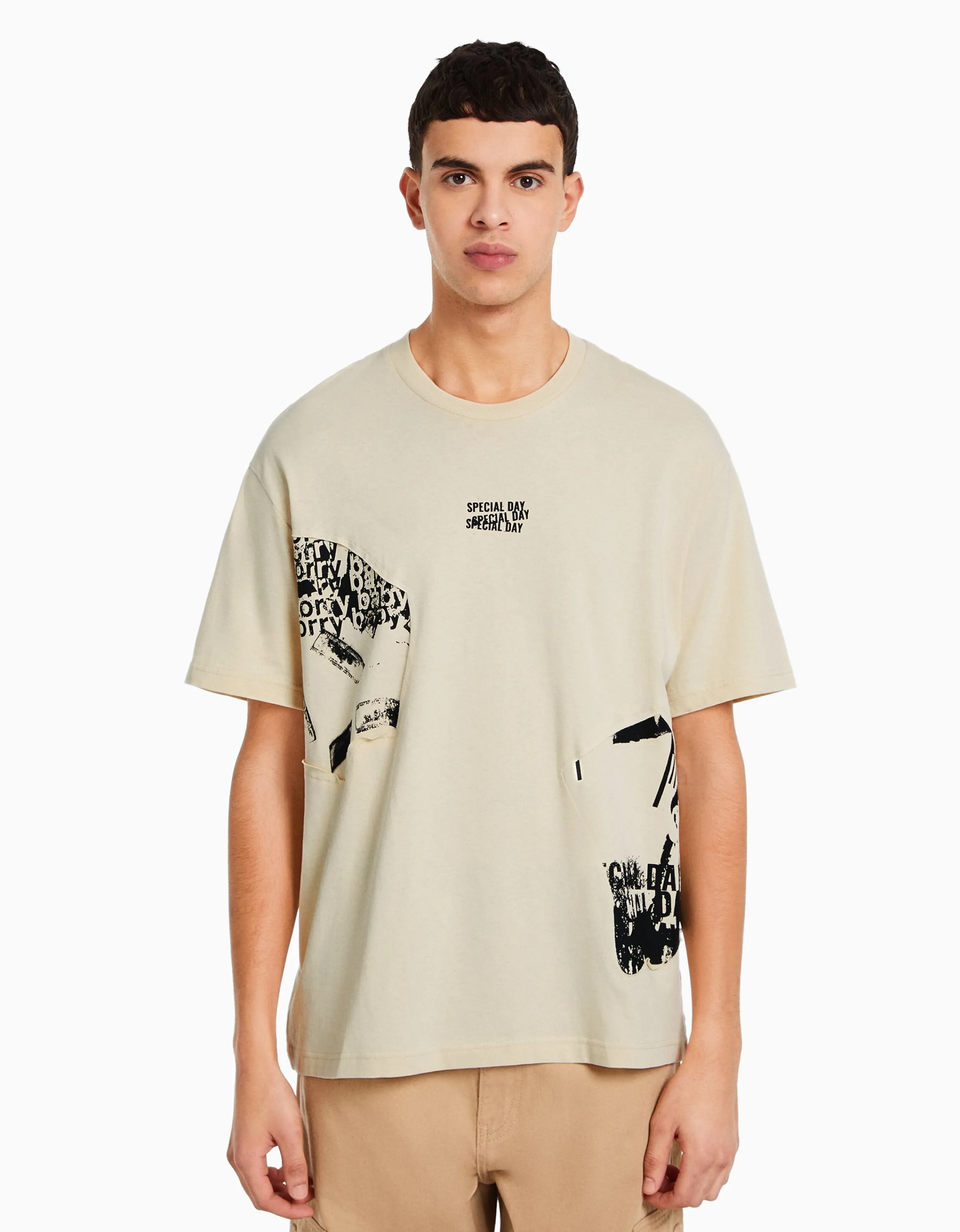 BERSHKA Camiseta manga corta boxy fit print Camel Shop