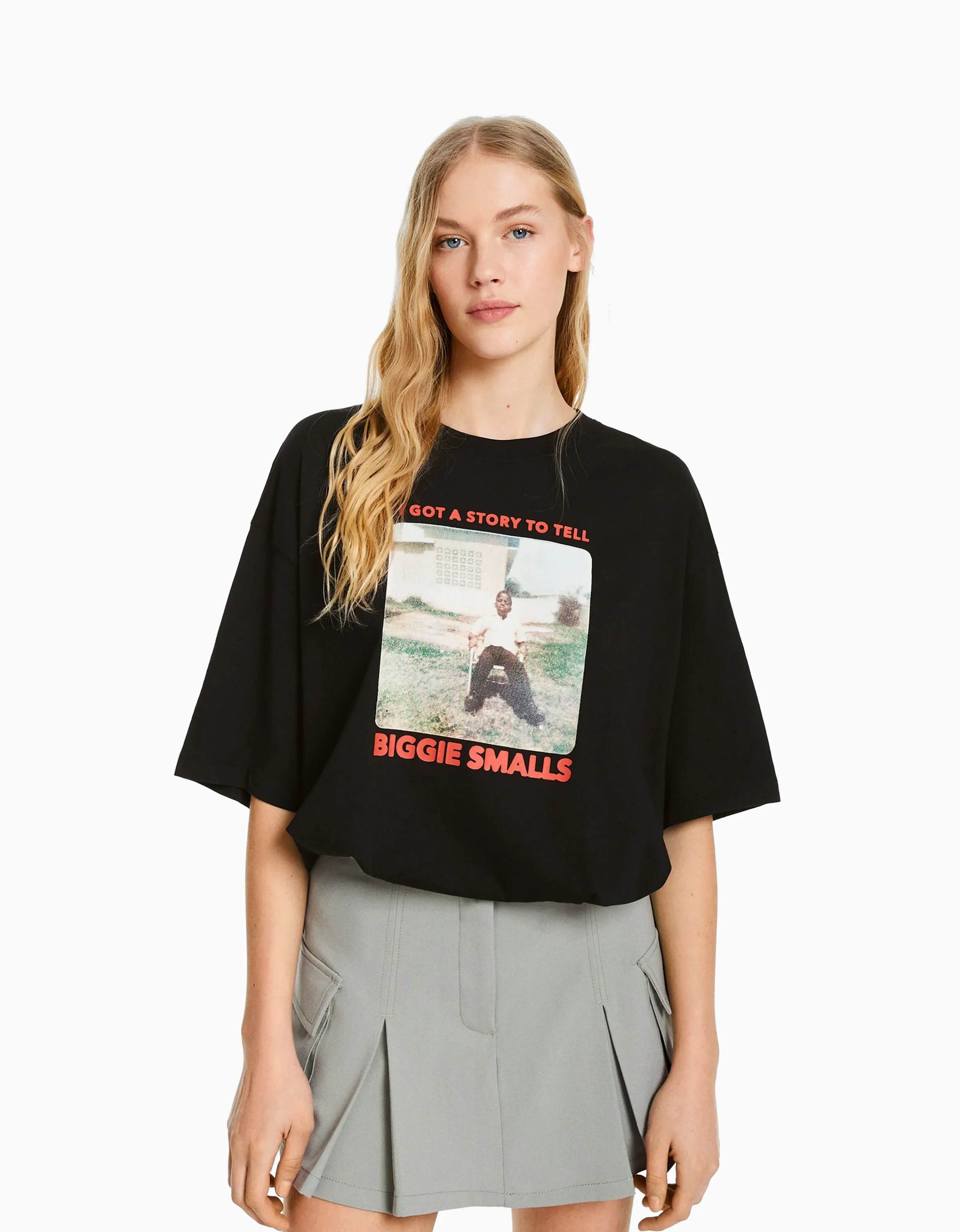 BERSHKA Camiseta manga corta boxy fit print The Notorious B.I.G. Negro Sale