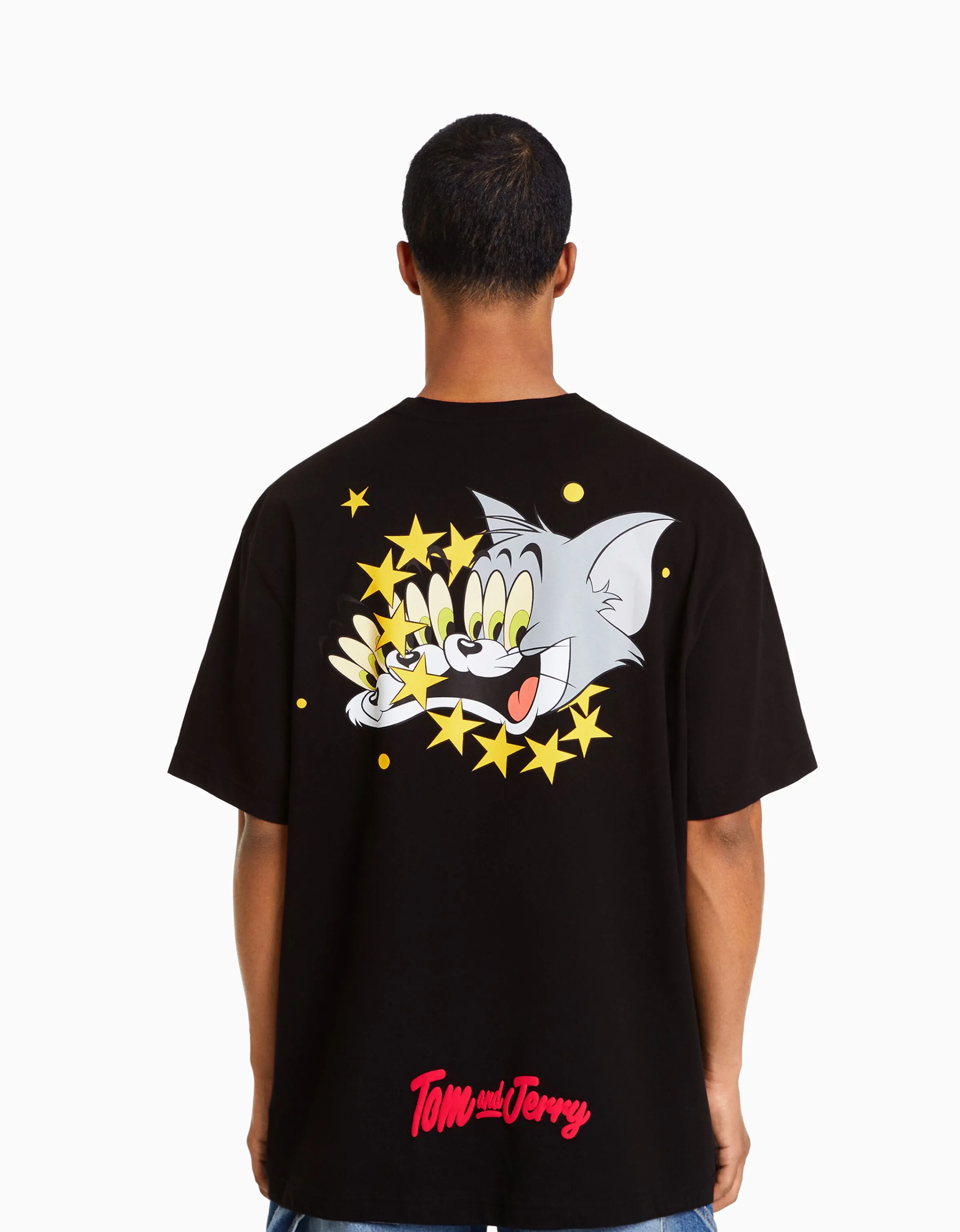 BERSHKA Camiseta manga corta boxy fit print TomJerry Negro Flash Sale