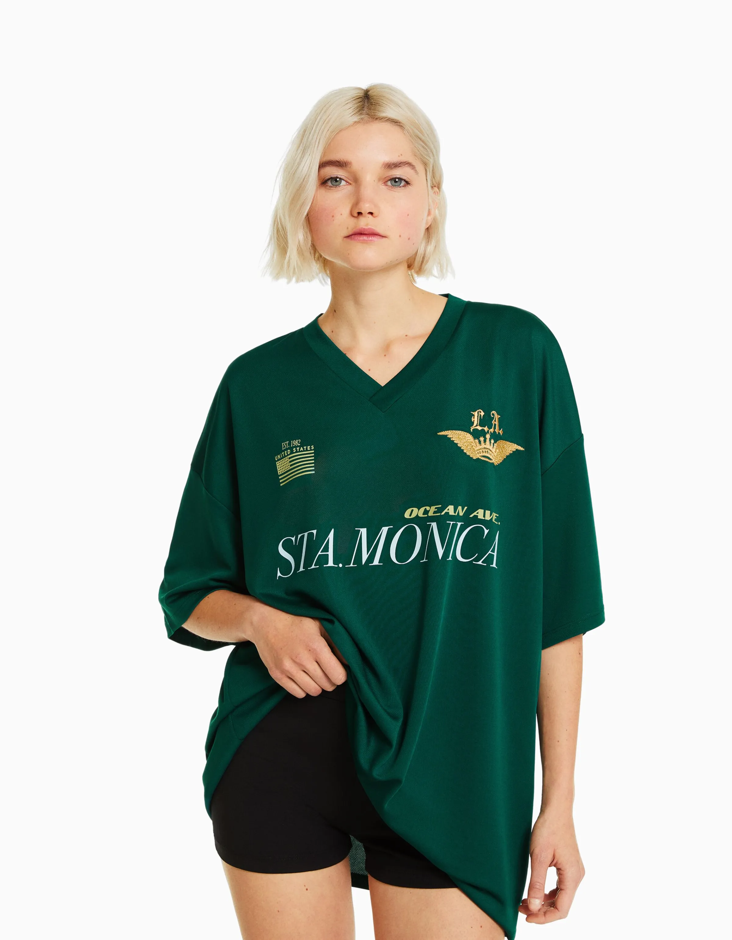 BERSHKA Camiseta manga corta cuello polo fútbol Verde Flash Sale