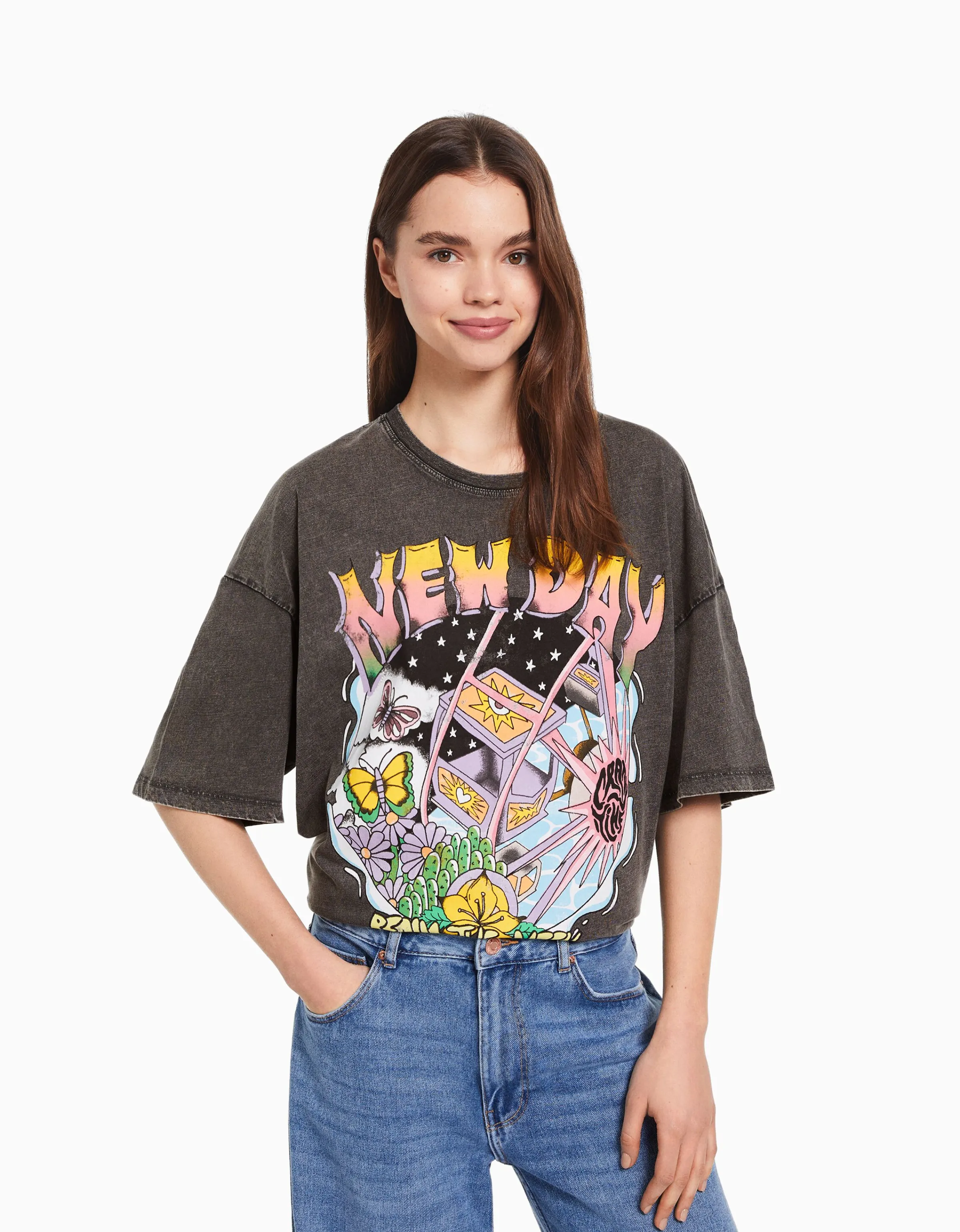 BERSHKA Camiseta manga corta efecto lavado print Negro Cheap