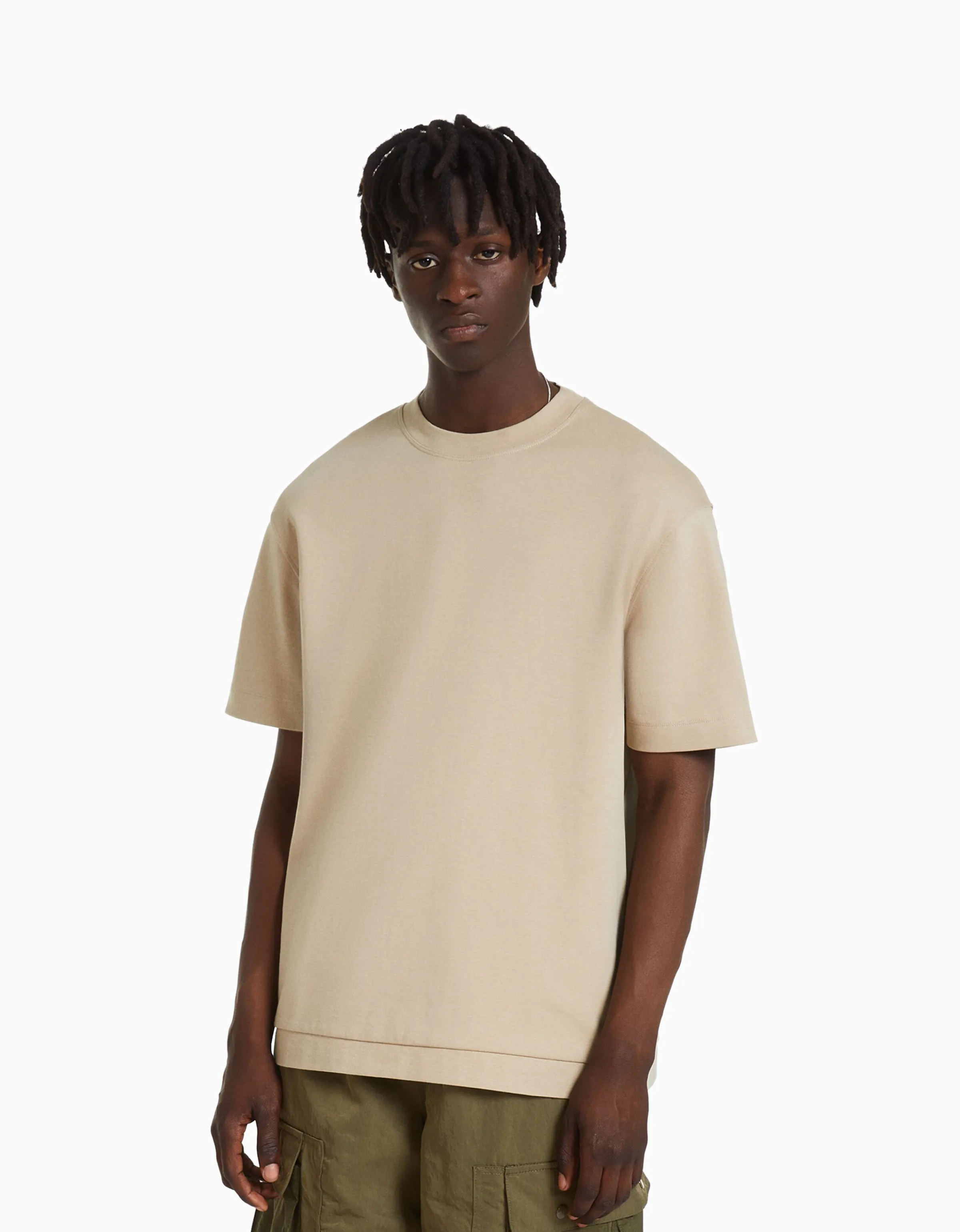 BERSHKA Camiseta manga corta interlock Camel Fashion