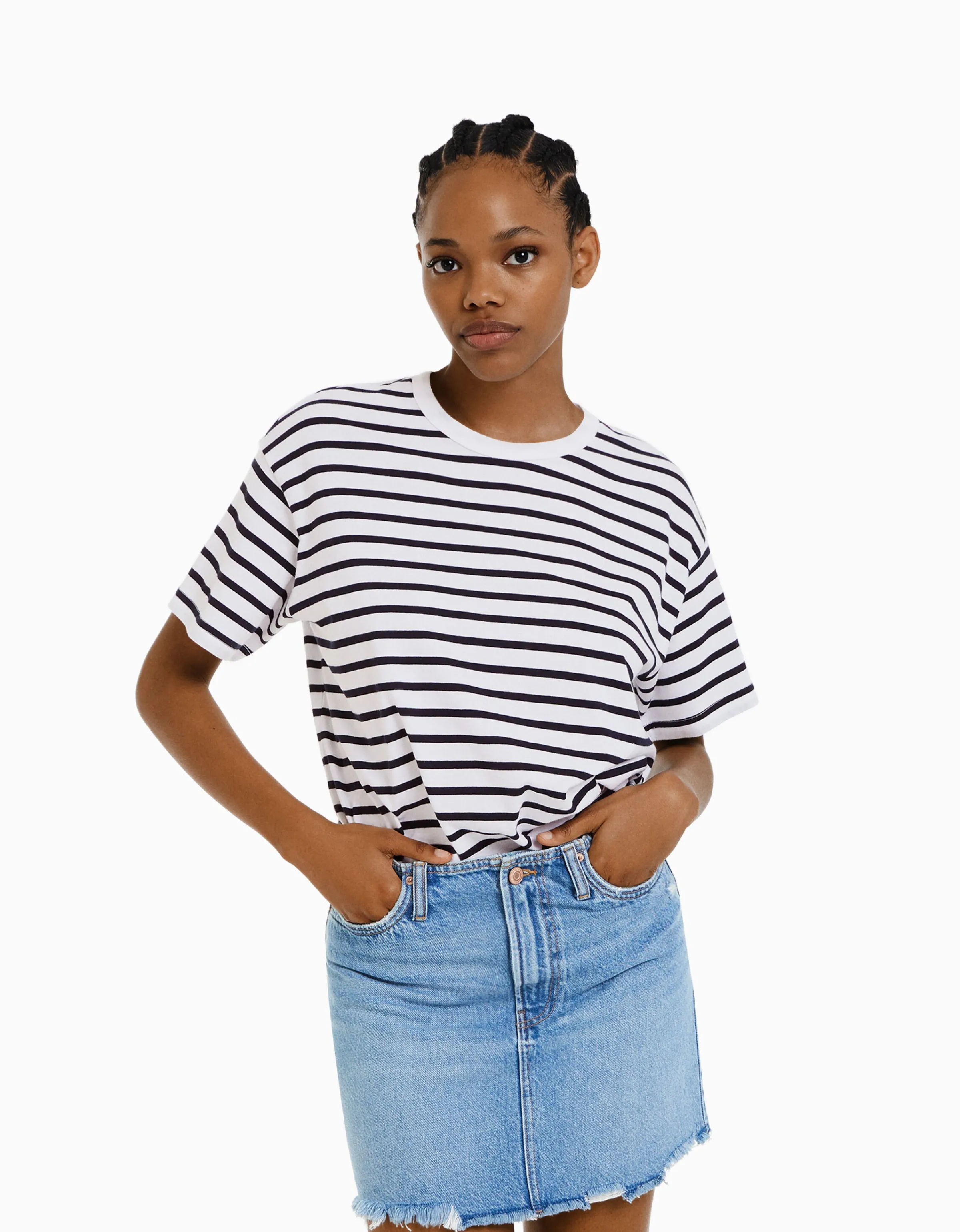 BERSHKA Camiseta manga corta oversize Marino Best