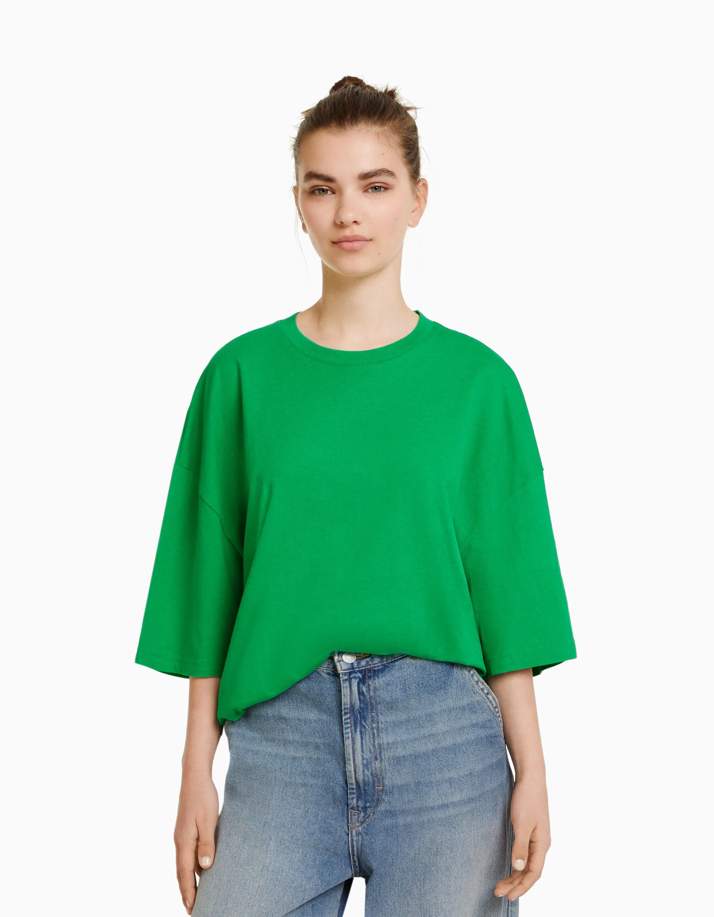 BERSHKA Camiseta manga corta oversize Verde Store