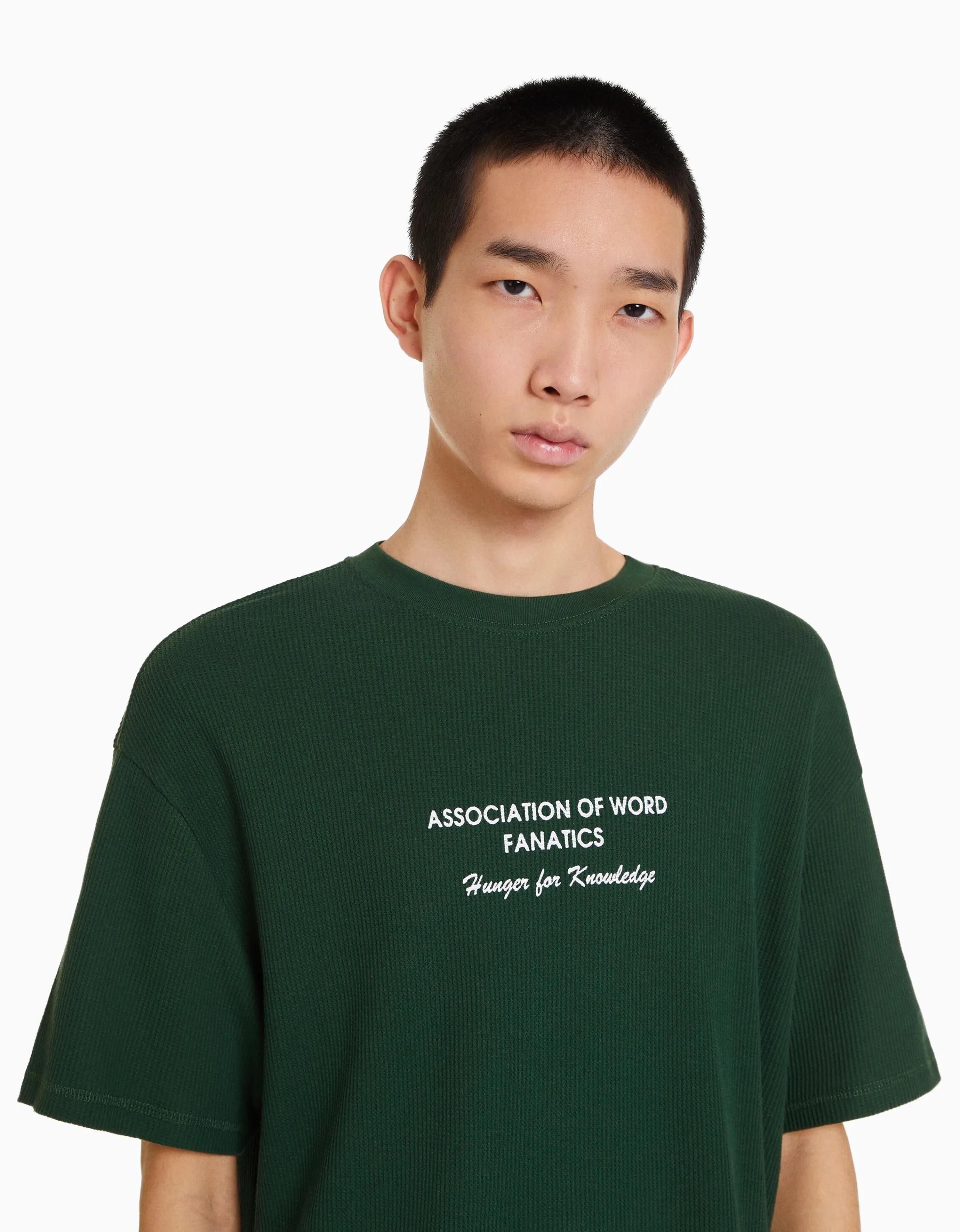 BERSHKA Camiseta manga corta oversize waffle print Verde Best