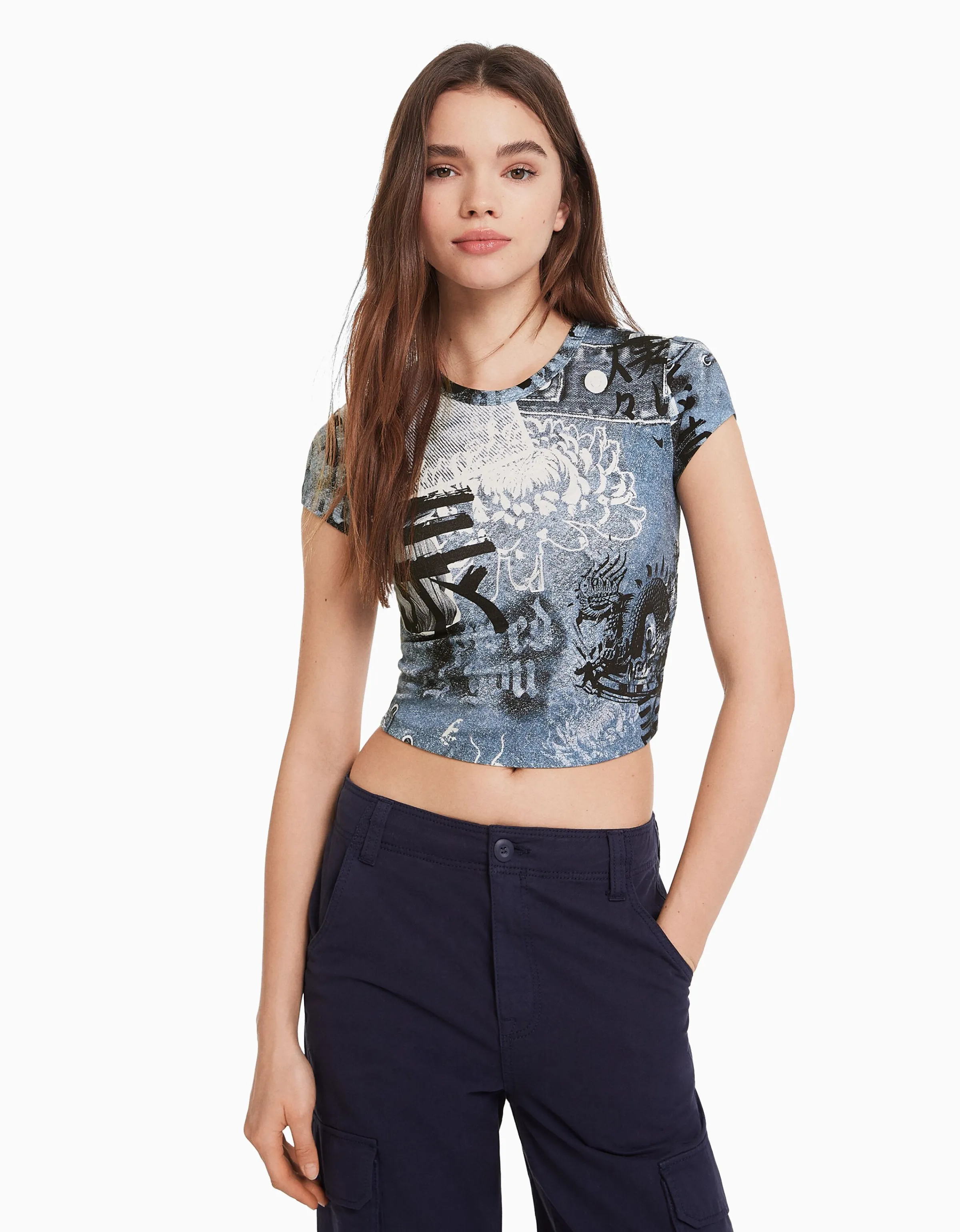 BERSHKA Camiseta manga corta print Negro Online