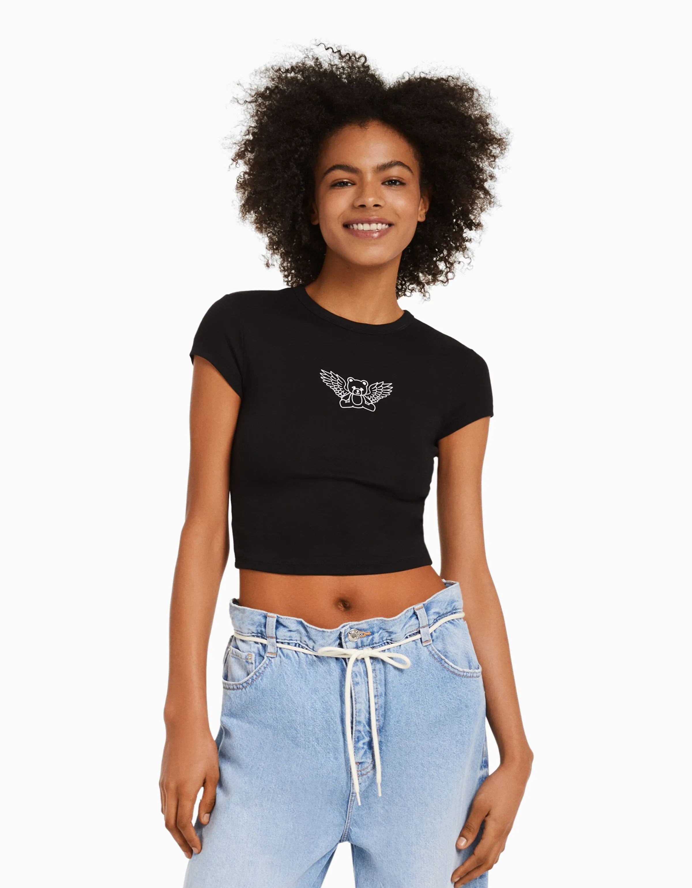 BERSHKA Camiseta manga corta print Negro Store