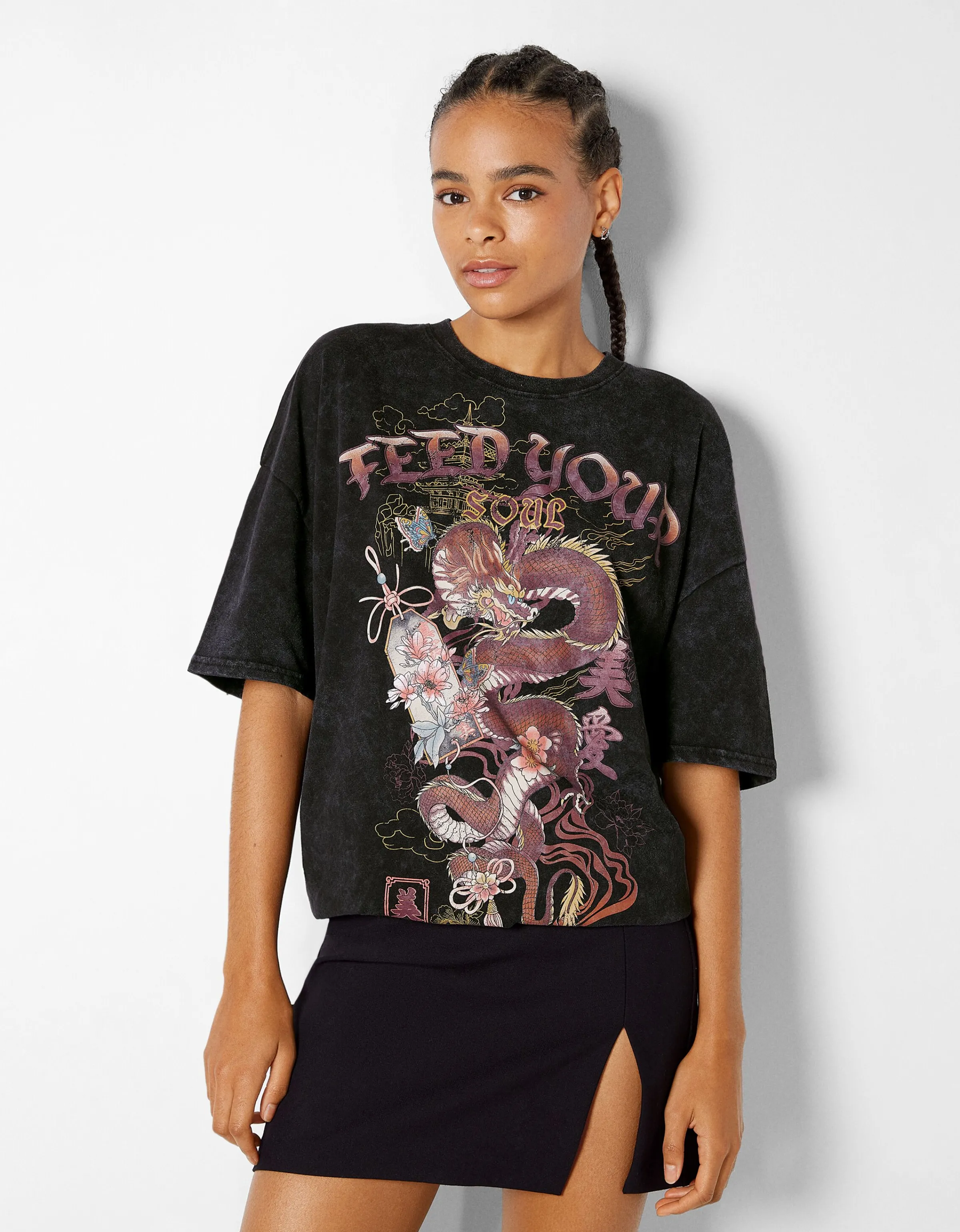 BERSHKA Camiseta manga corta print Negro New