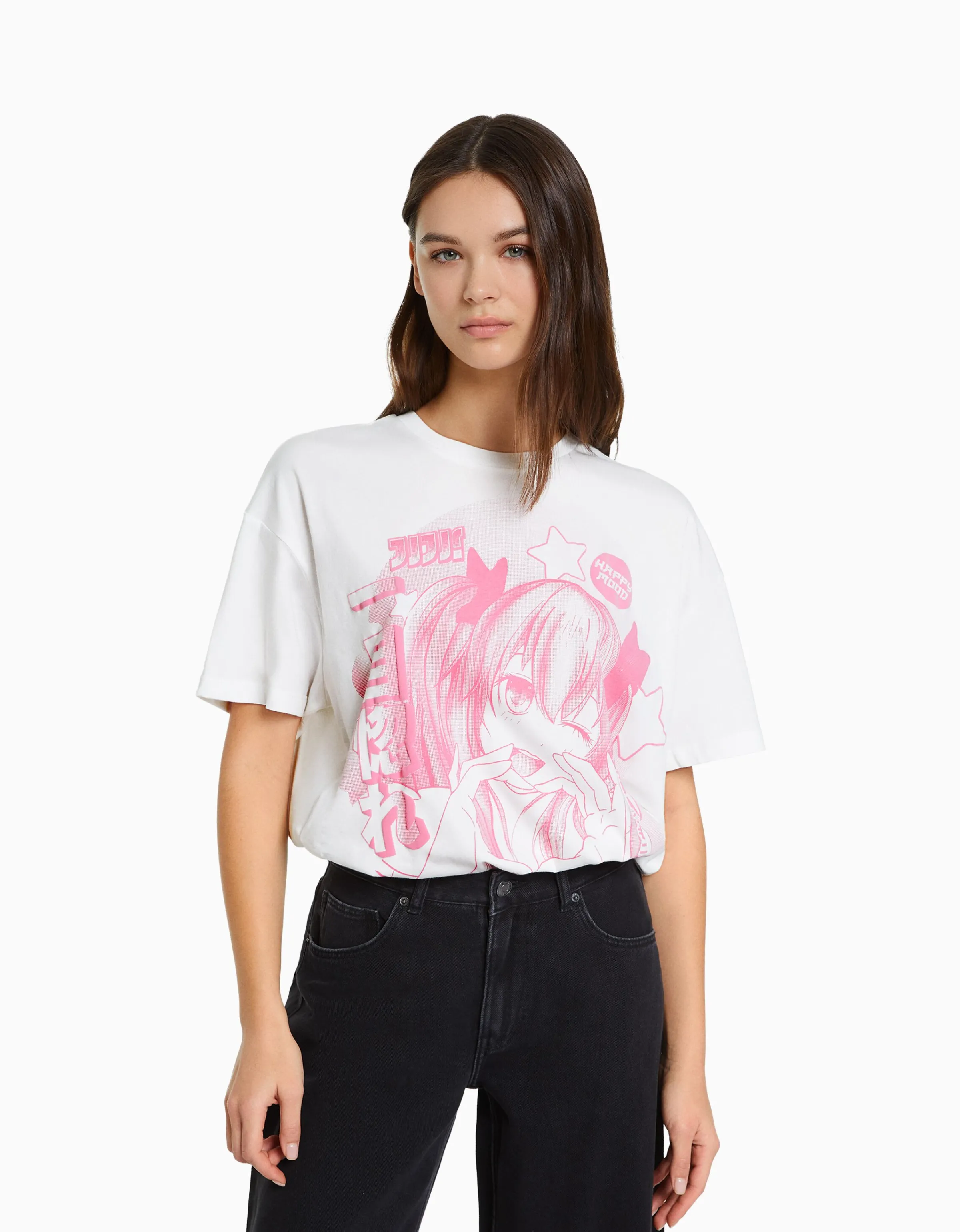 BERSHKA Camiseta manga corta print Blanco roto Clearance