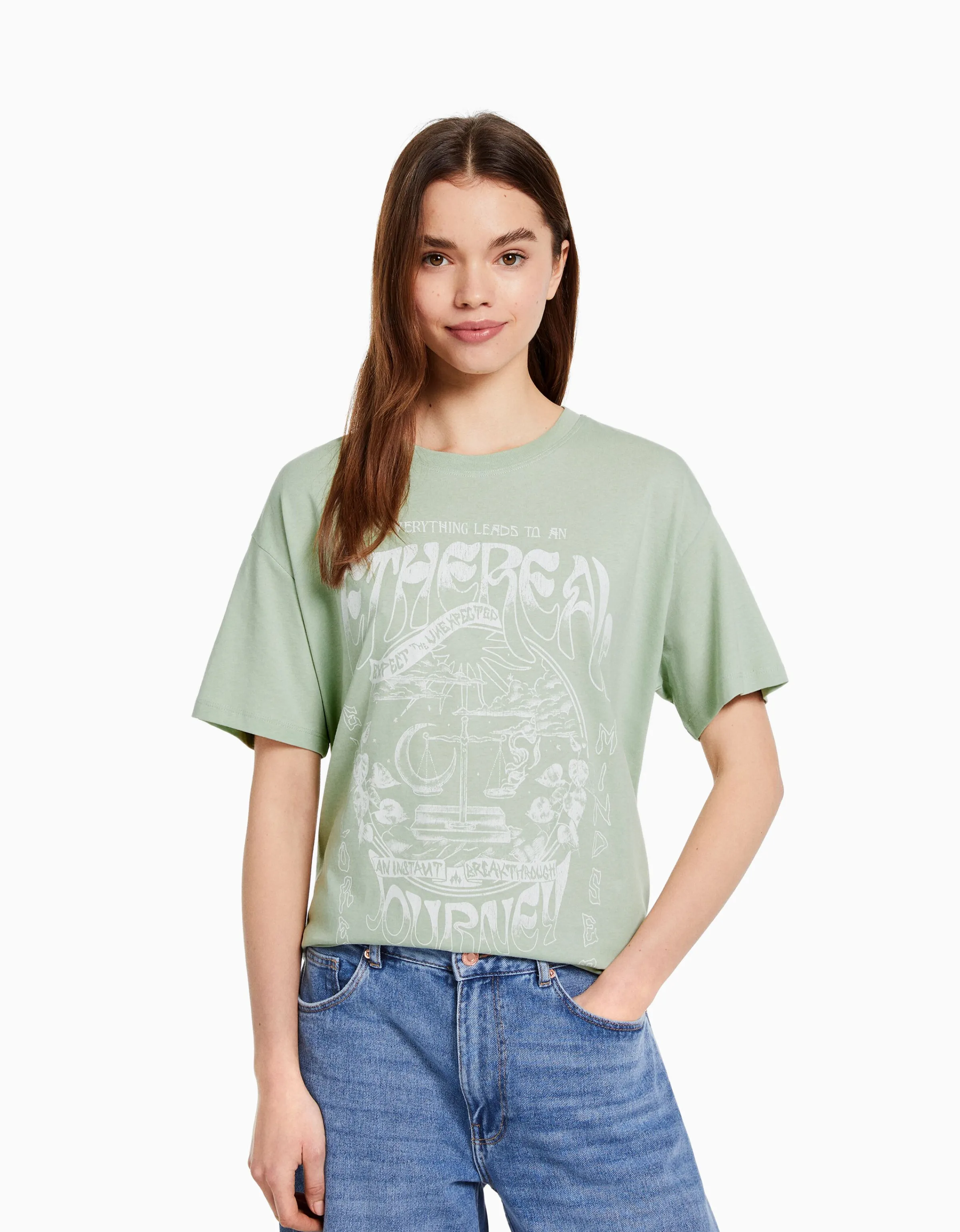 BERSHKA Camiseta manga corta print Gris Fashion