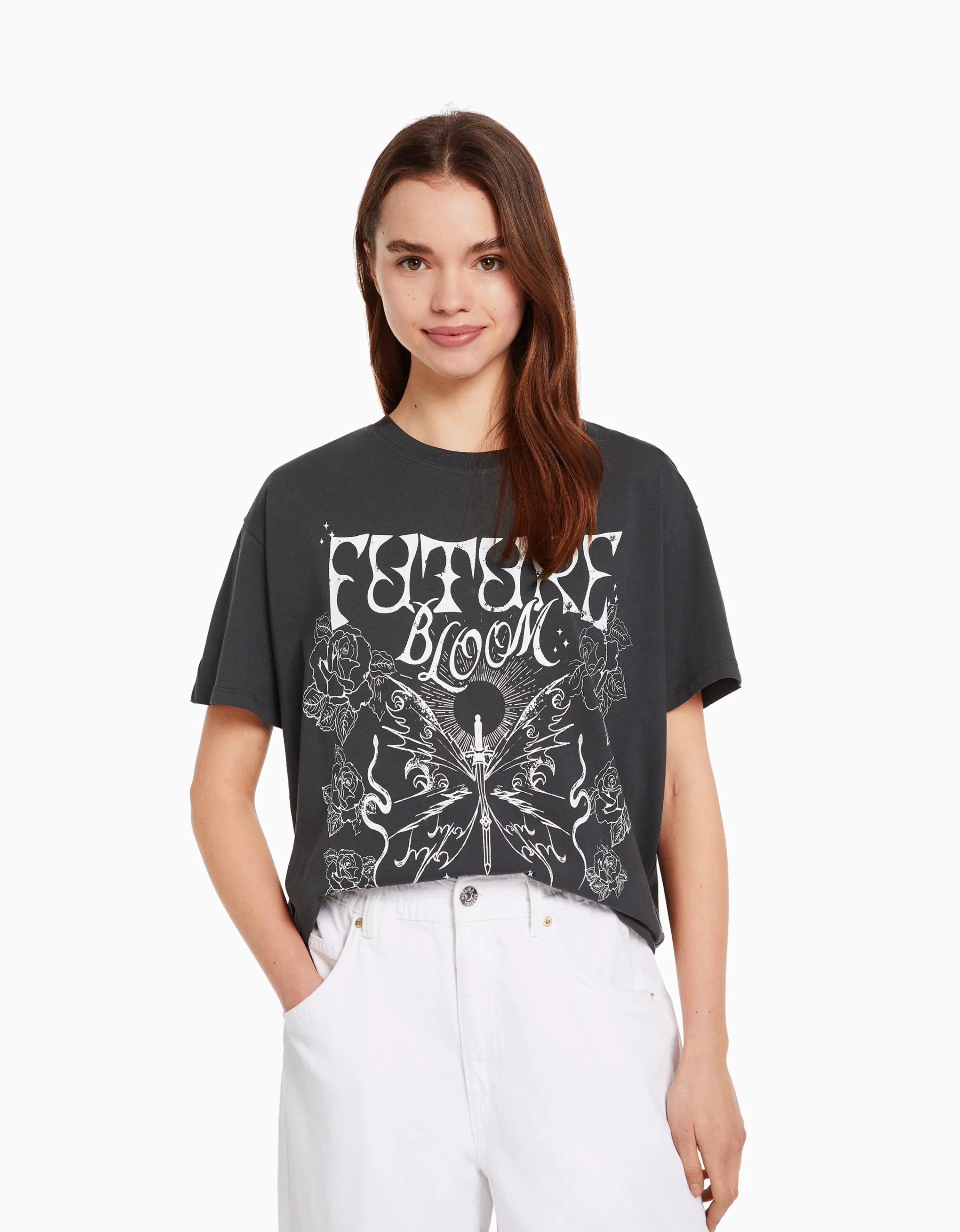 BERSHKA Camiseta manga corta print Gris Shop