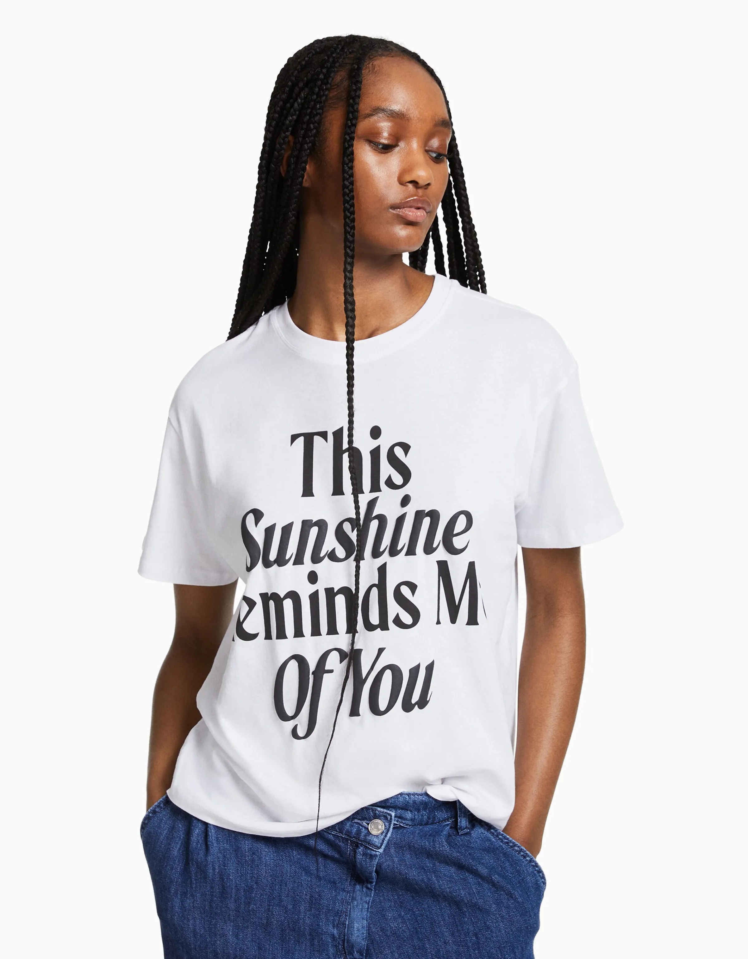 BERSHKA Camiseta manga corta print Blanco Cheap