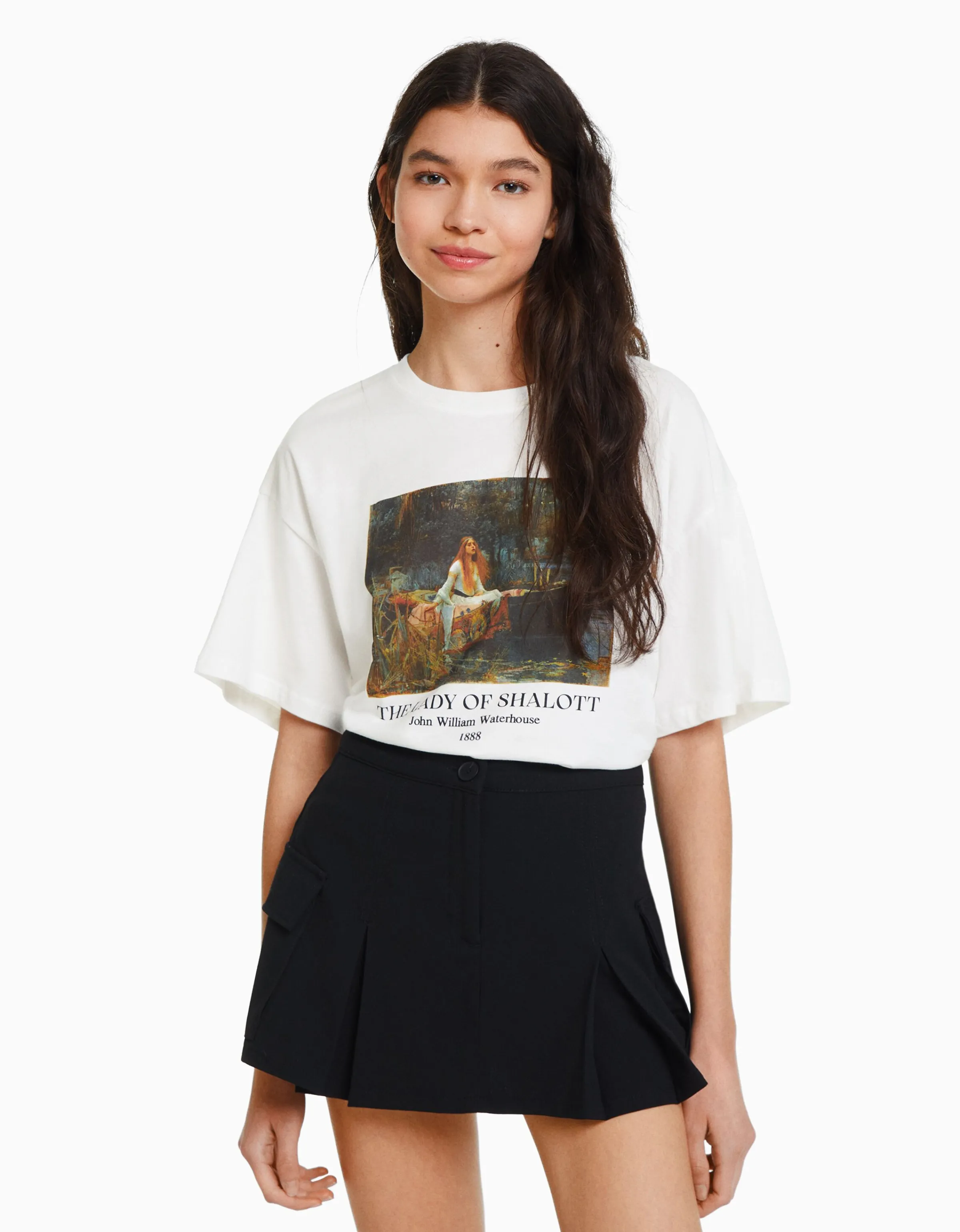 BERSHKA Camiseta manga corta print Art Series Blanco roto New