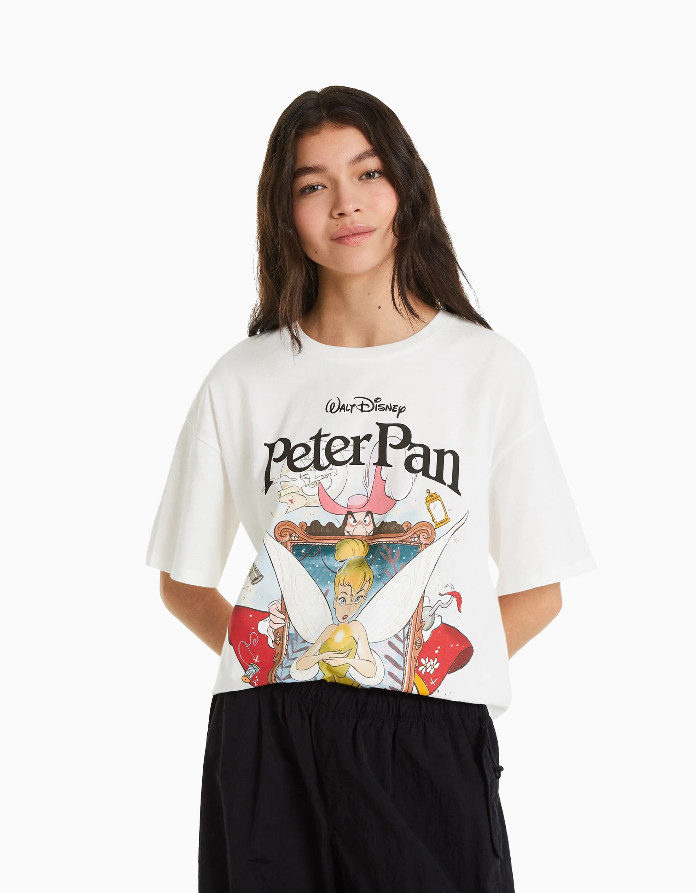 BERSHKA Camiseta manga corta print Peter Pan Blanco Best