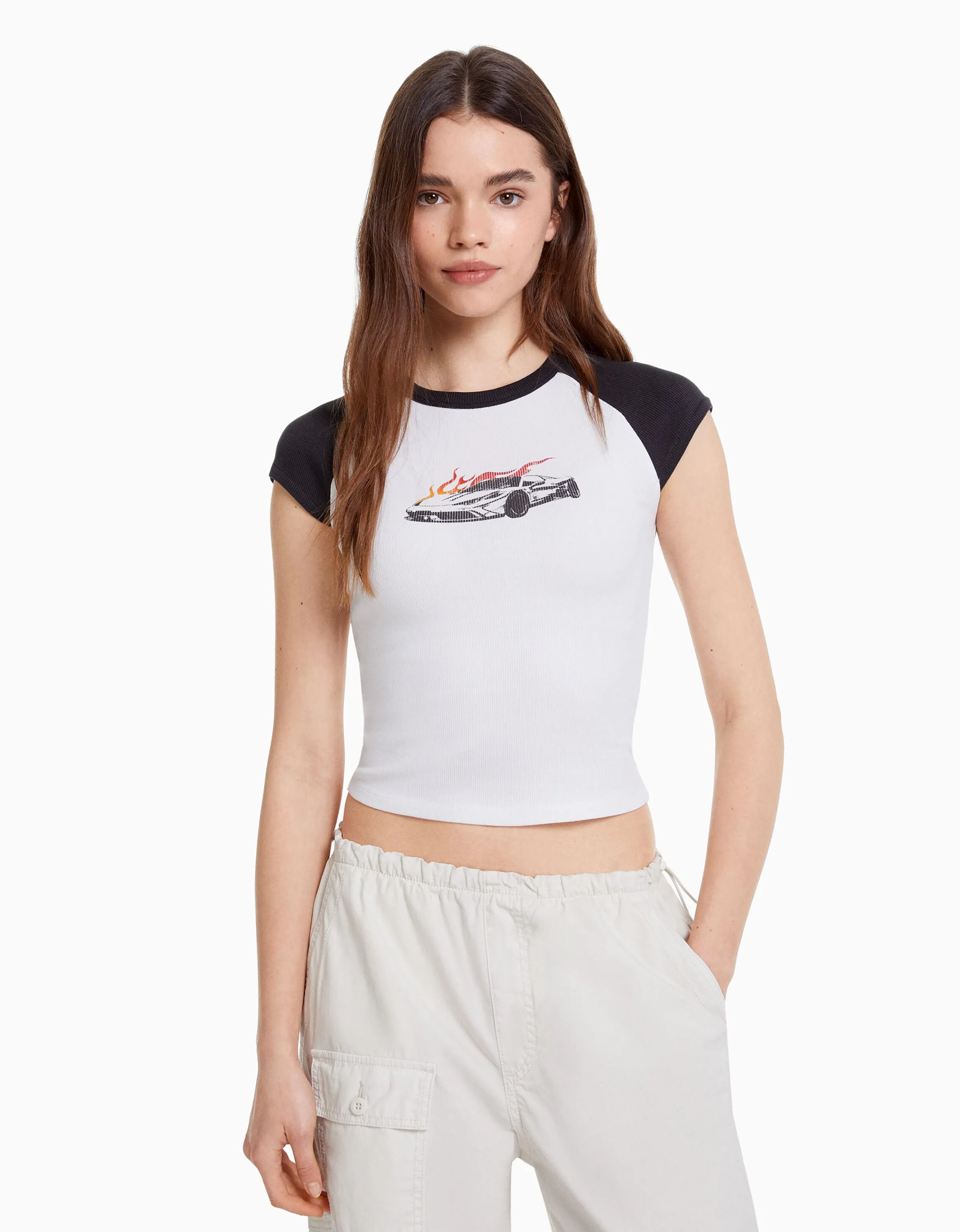 BERSHKA Camiseta manga corta ranglan print Blanco Cheap