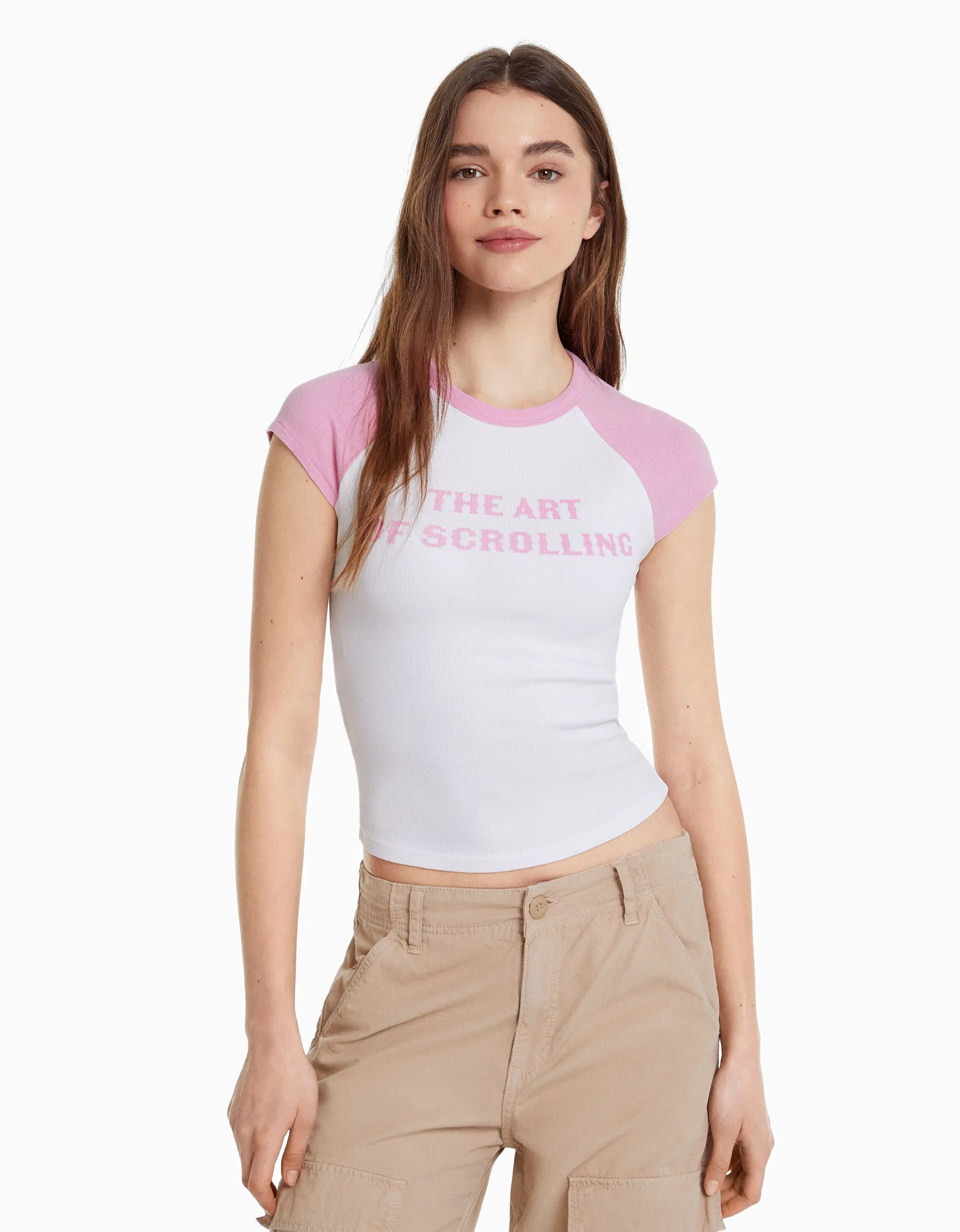 BERSHKA Camiseta manga corta ranglan print Blanco Flash Sale