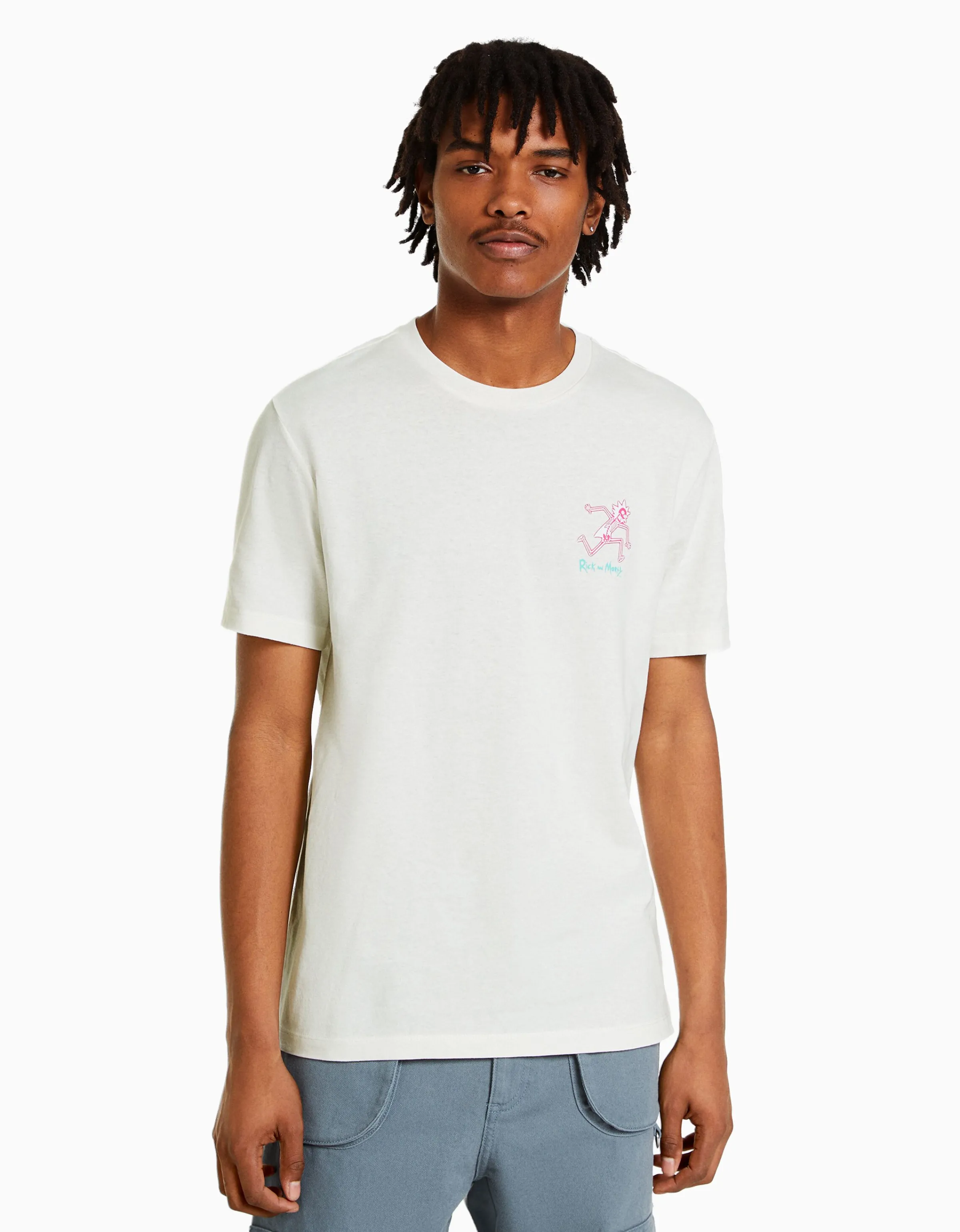 BERSHKA Camiseta manga corta regular fit print RickMorty Blanco Best